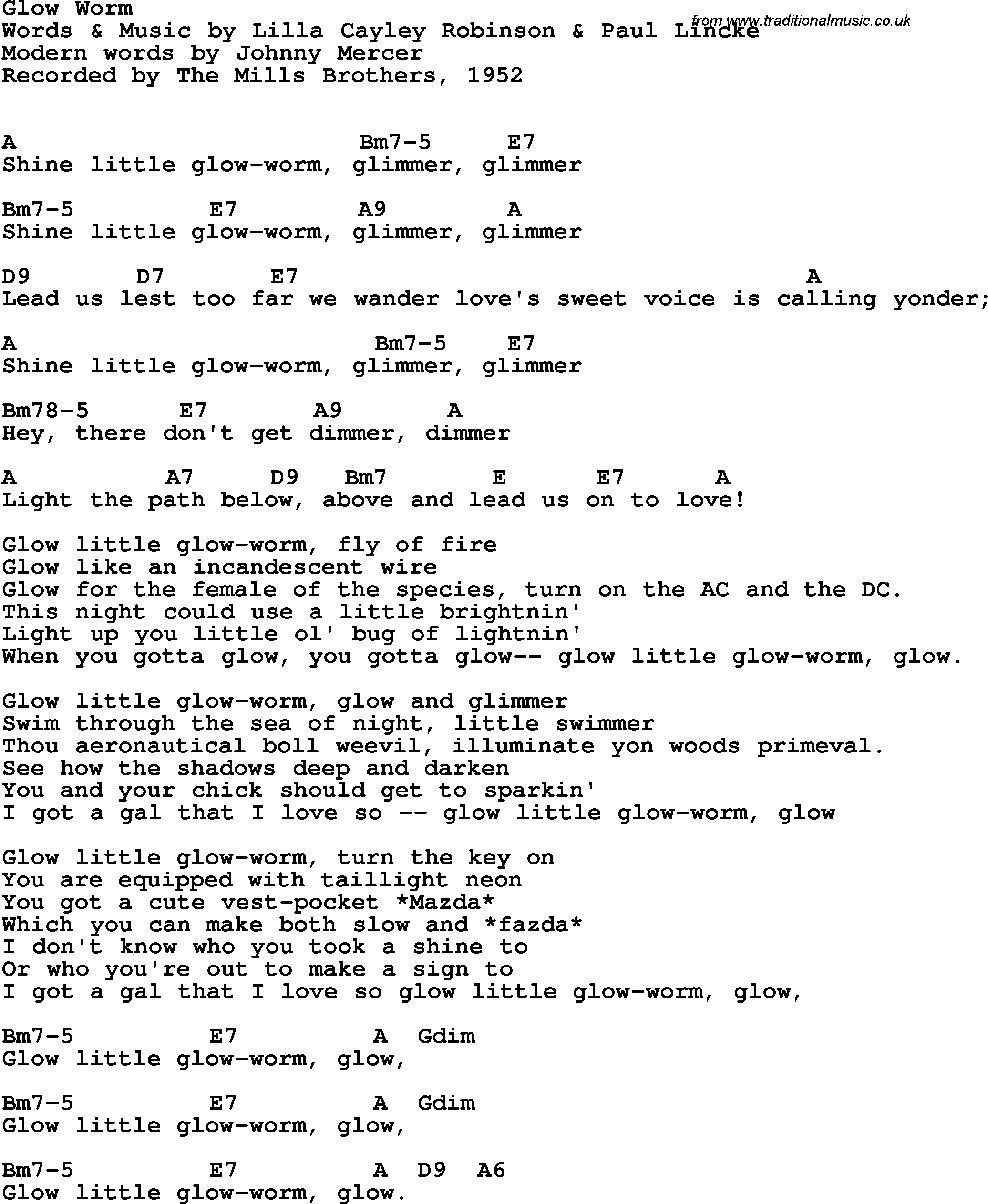 Song Lyrics with guitar chords for Glow Worm - The Mills Brothers, 1952