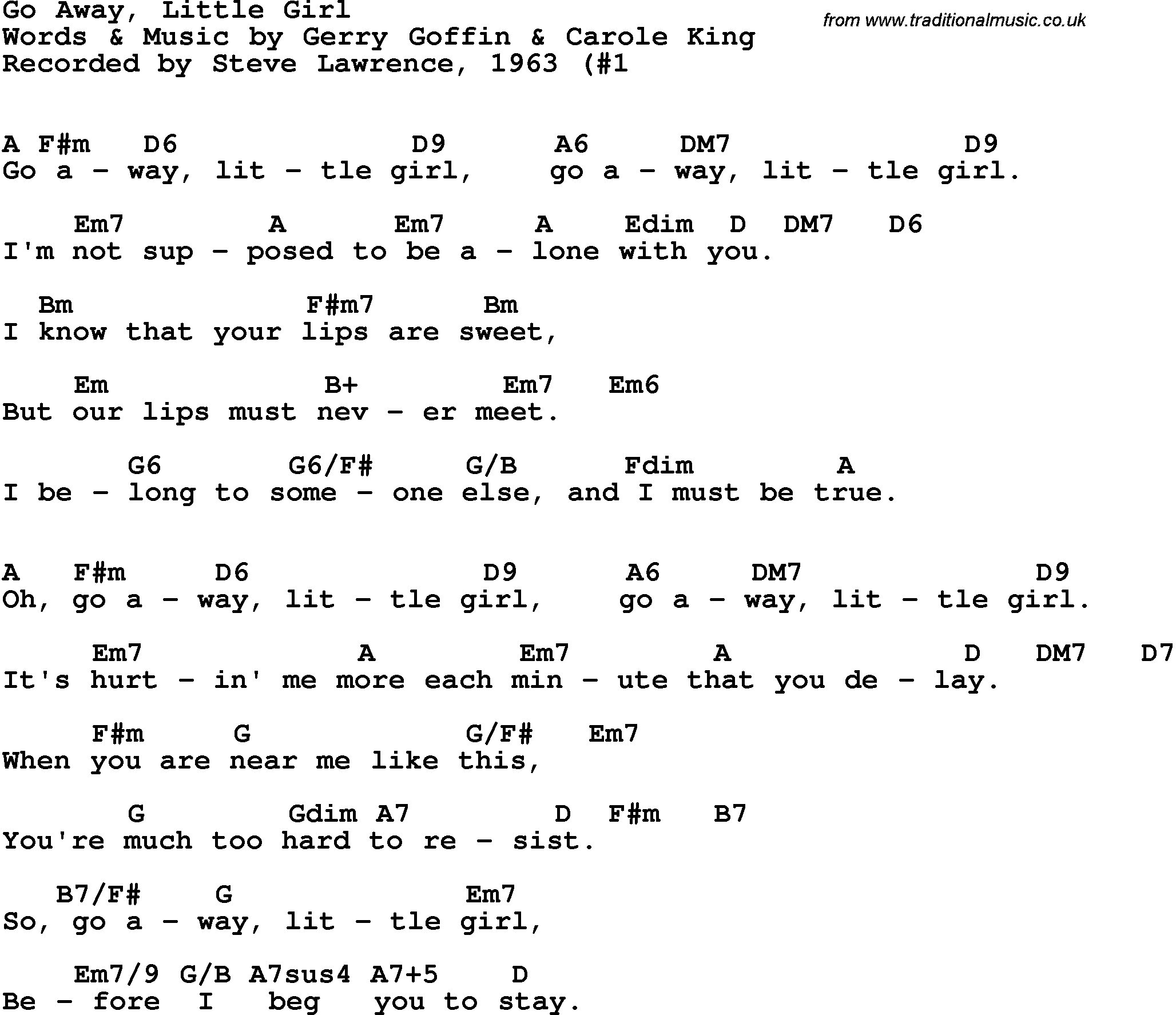 Song Lyrics with guitar chords for Go Away Little Girl - Steve Lawrence, 1963