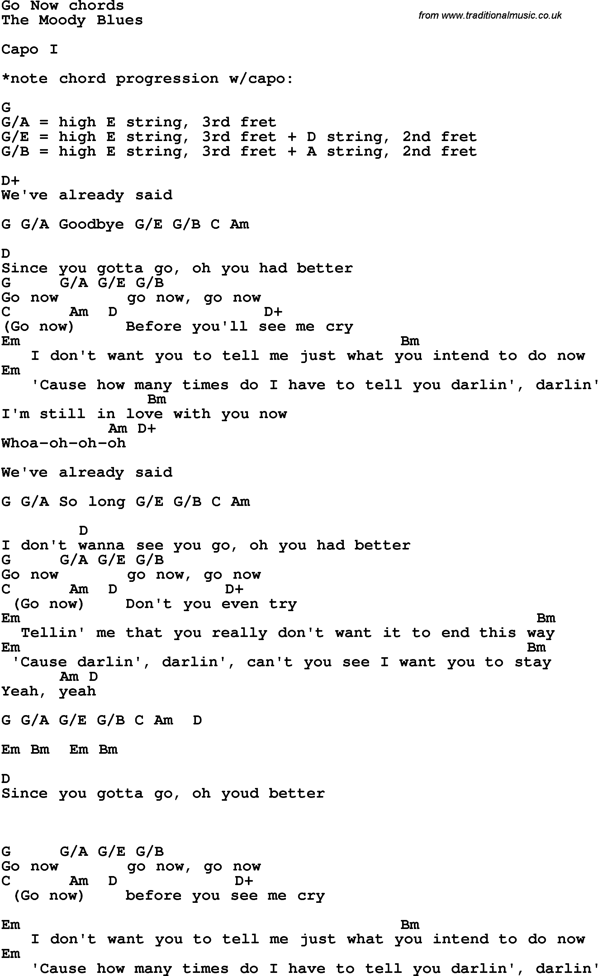 Song Lyrics with guitar chords for Go Now
