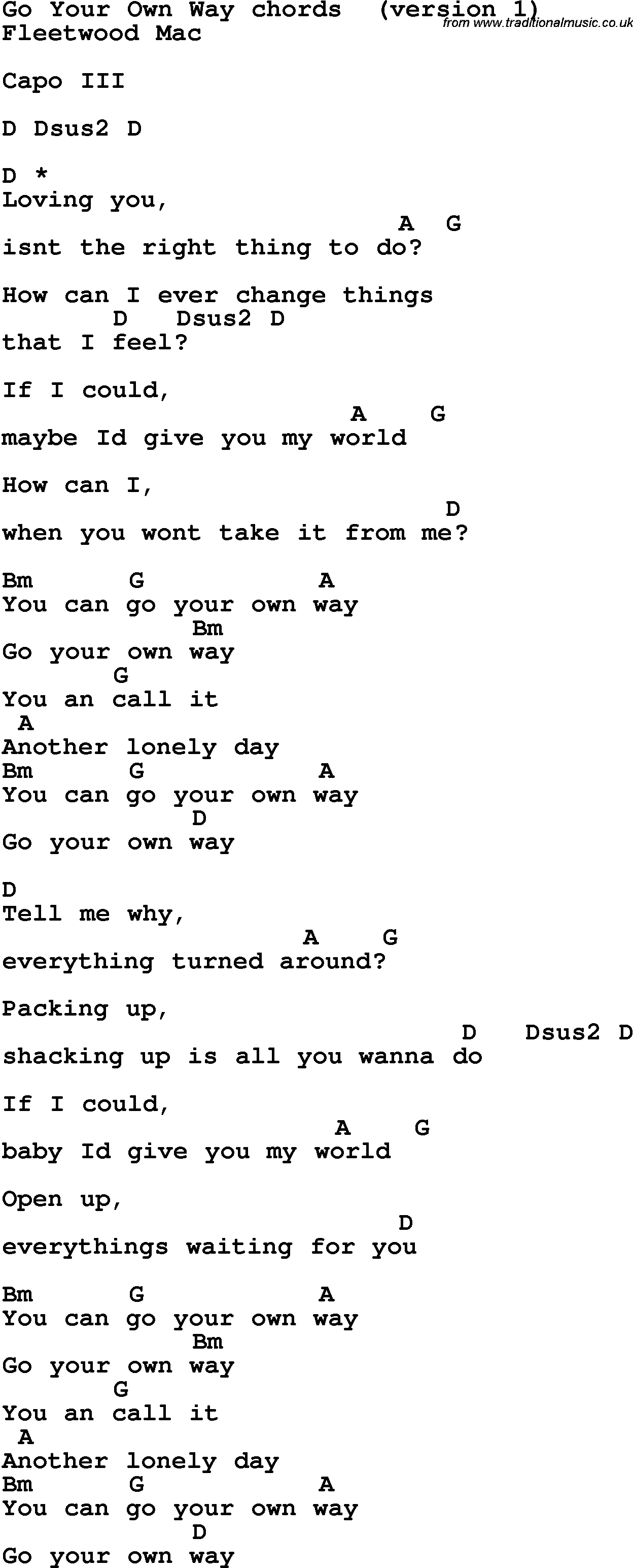 Song Lyrics with guitar chords for Go Your Own Way