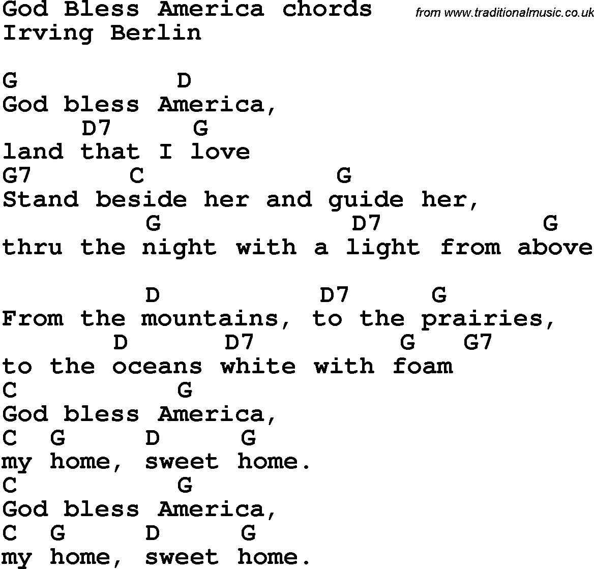 Song Lyrics with guitar chords for God Bless America - Irving Berlin