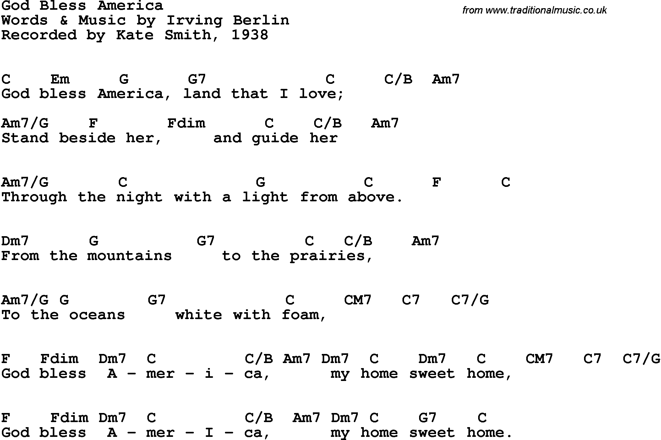 Song Lyrics with guitar chords for God Bless America - Kate Smith, 1938