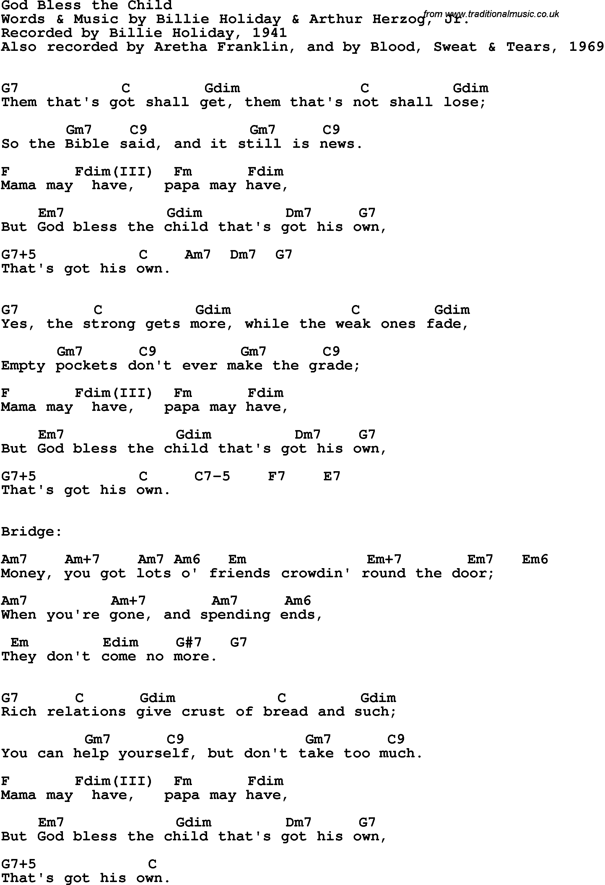 Song Lyrics with guitar chords for God Bless The Child - Billie Holiday, 1941