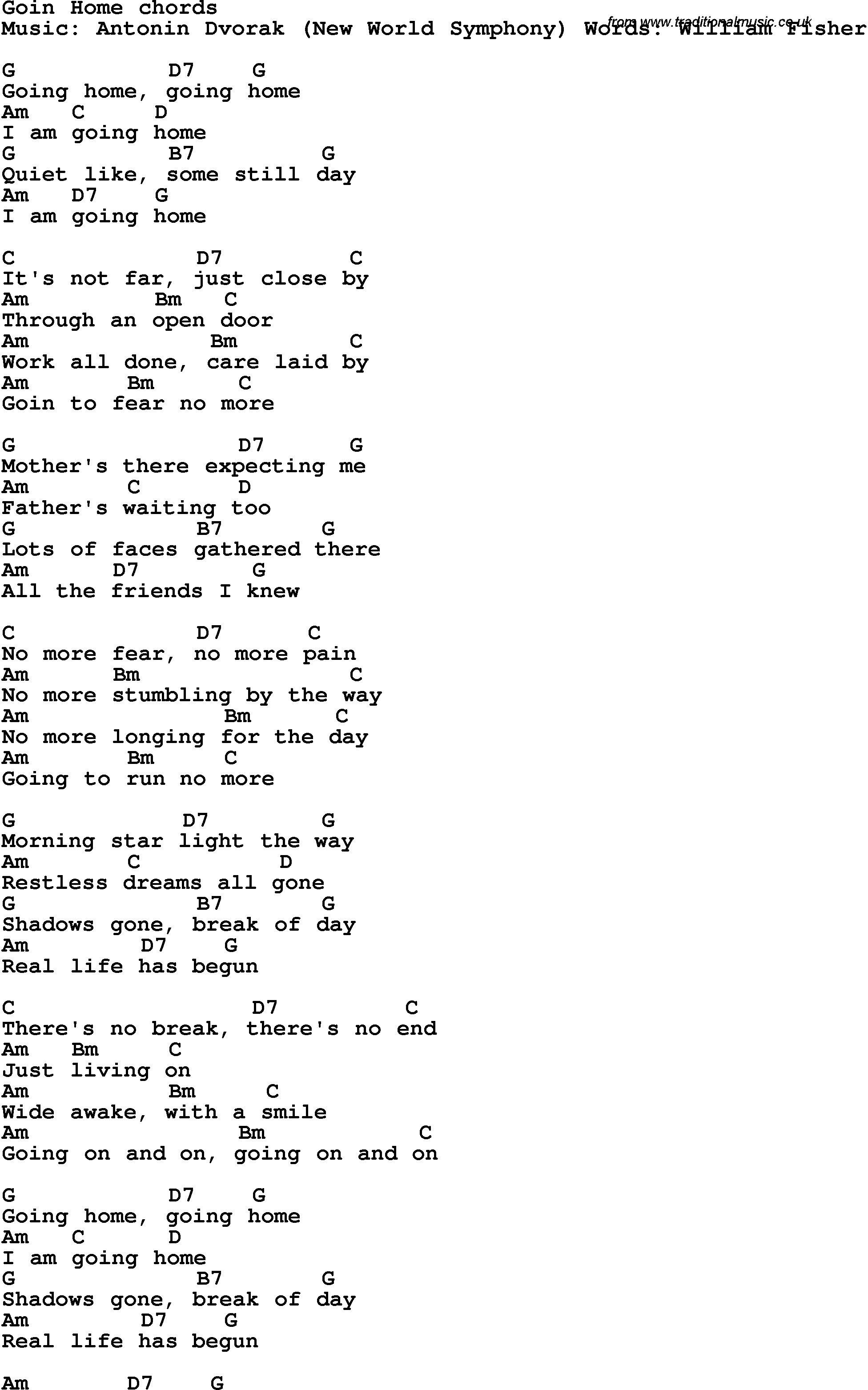 Song Lyrics with guitar chords for Goin' Home
