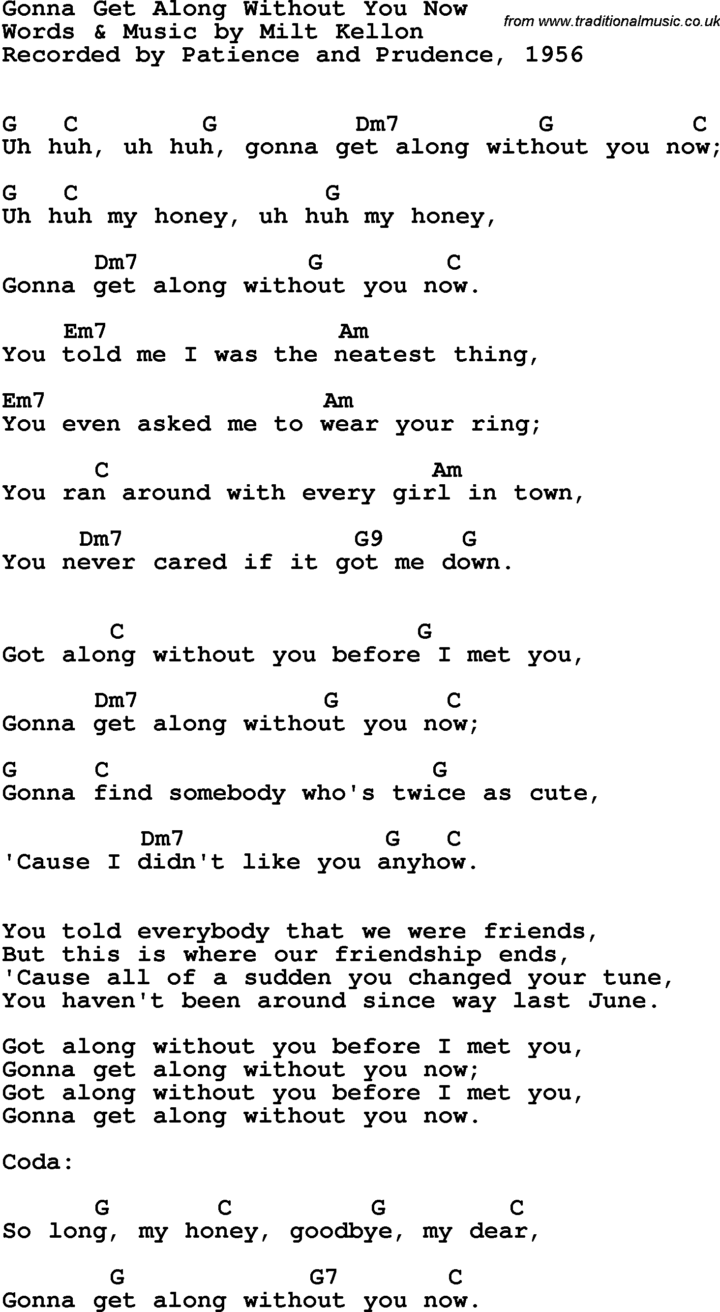 Song Lyrics with guitar chords for Gonna Get Along Without Ya Now - Patience & Prudence, 1956