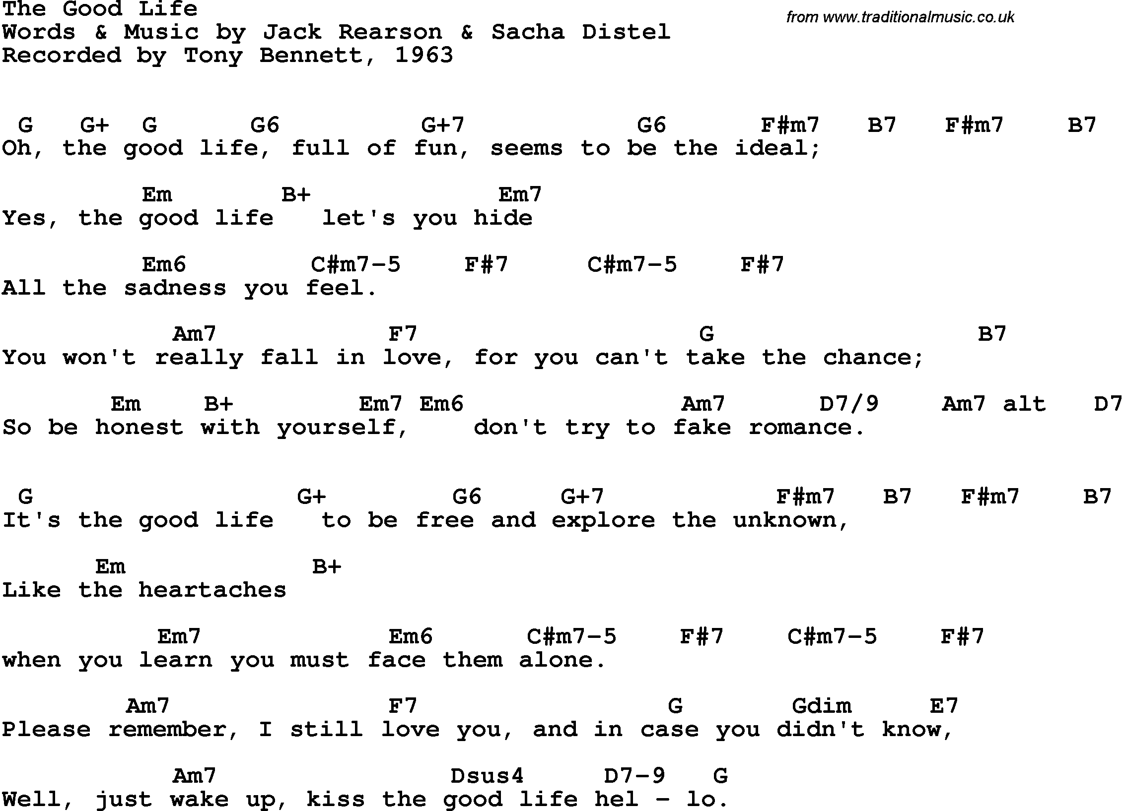 Song Lyrics with guitar chords for Good Life, The - Tony Bennett, 1963