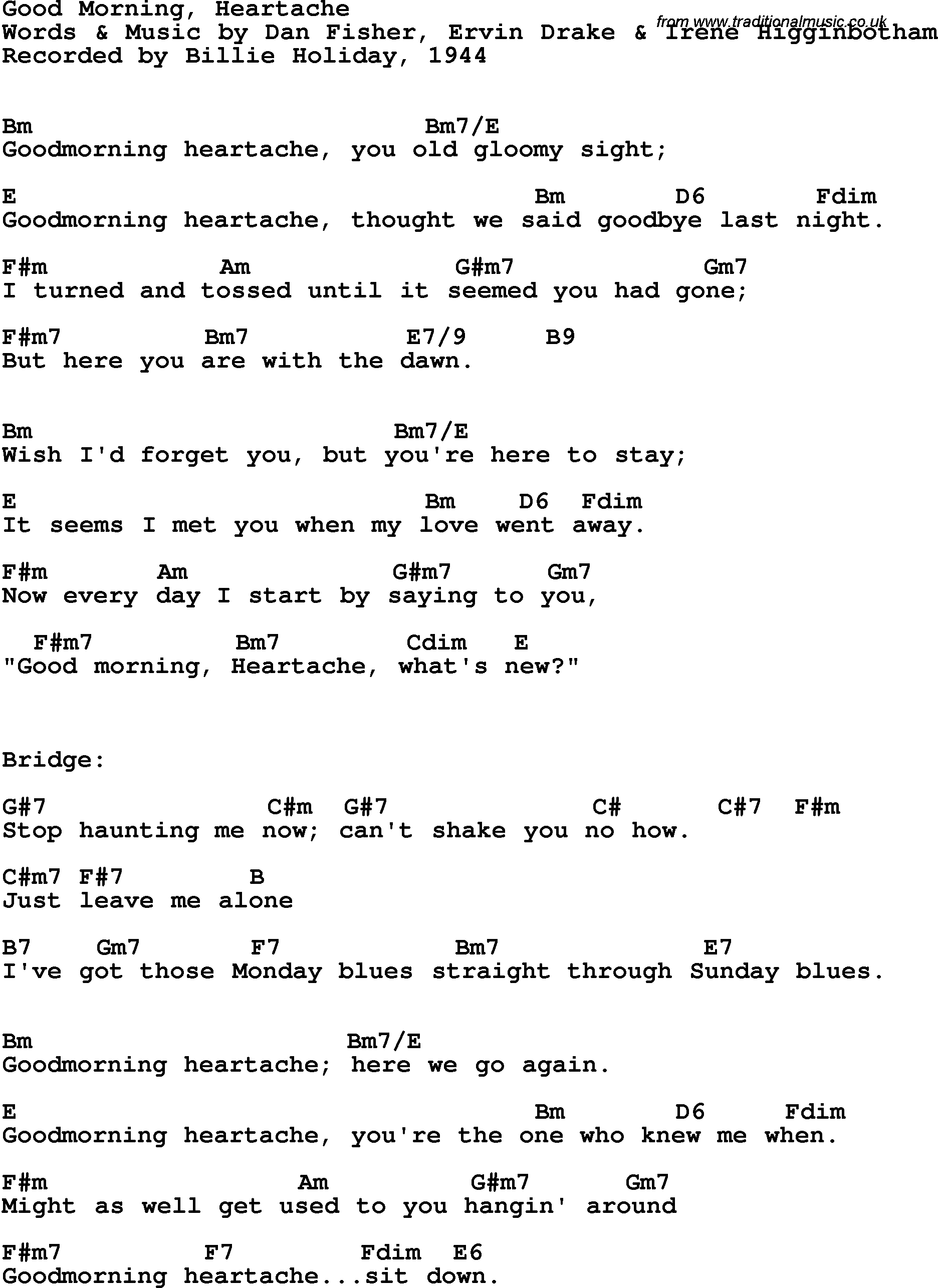Song Lyrics with guitar chords for Good Morning Heartache - Billie Holiday, 1944