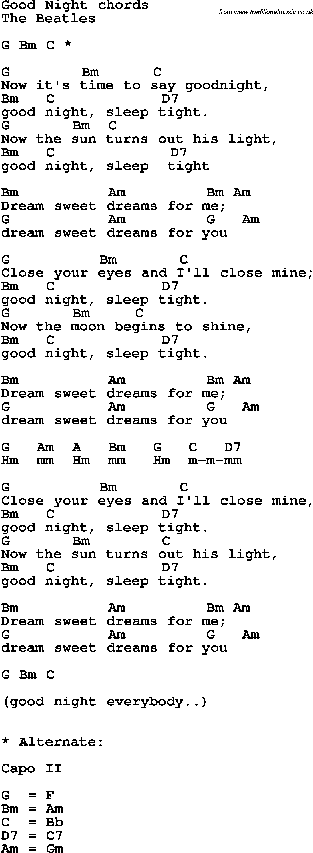 Song Lyrics with guitar chords for Good Night - The Beatles