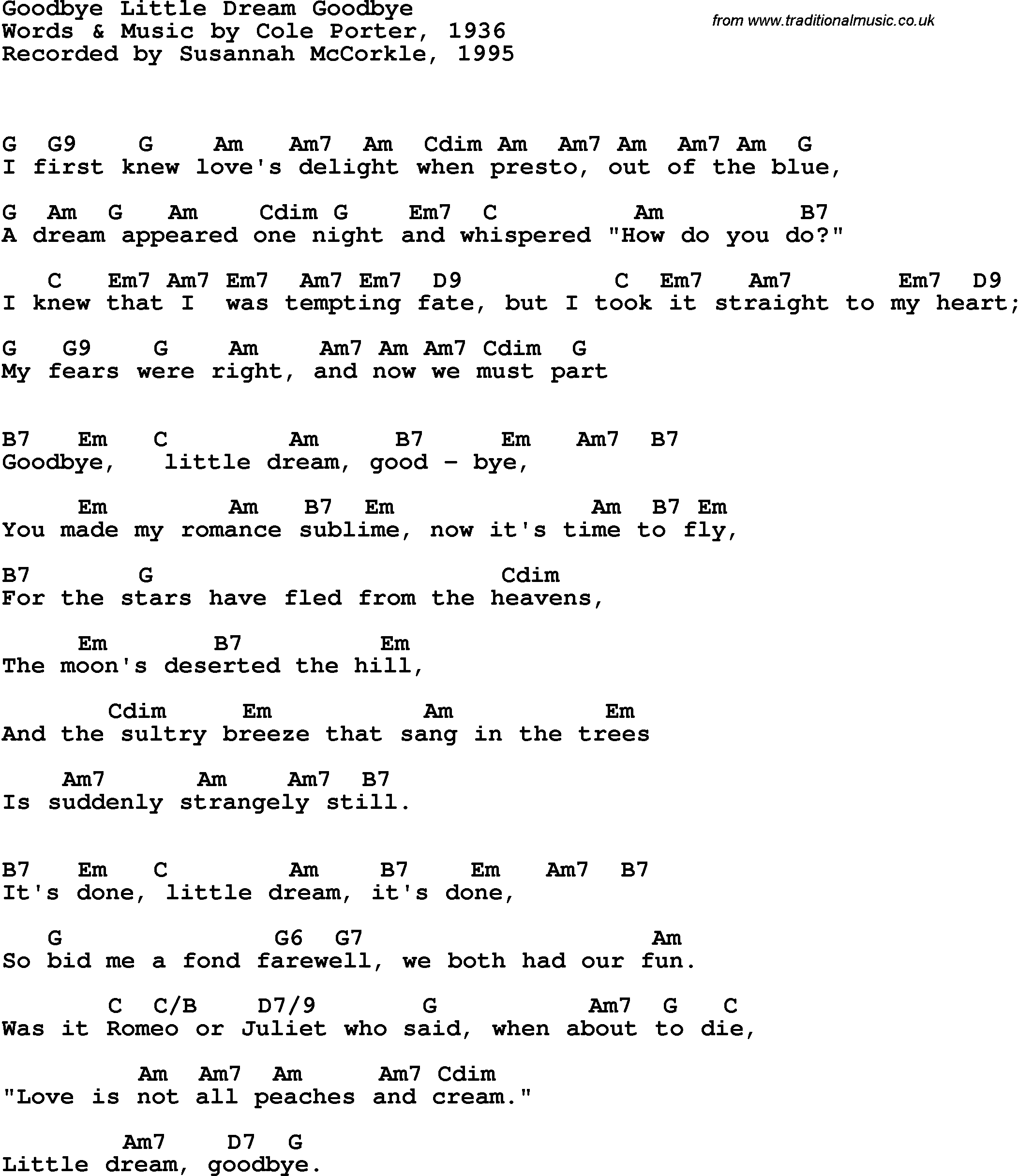 Song Lyrics with guitar chords for Goodbye Little Dream Goodbye - Susannah McCorkle, 1995