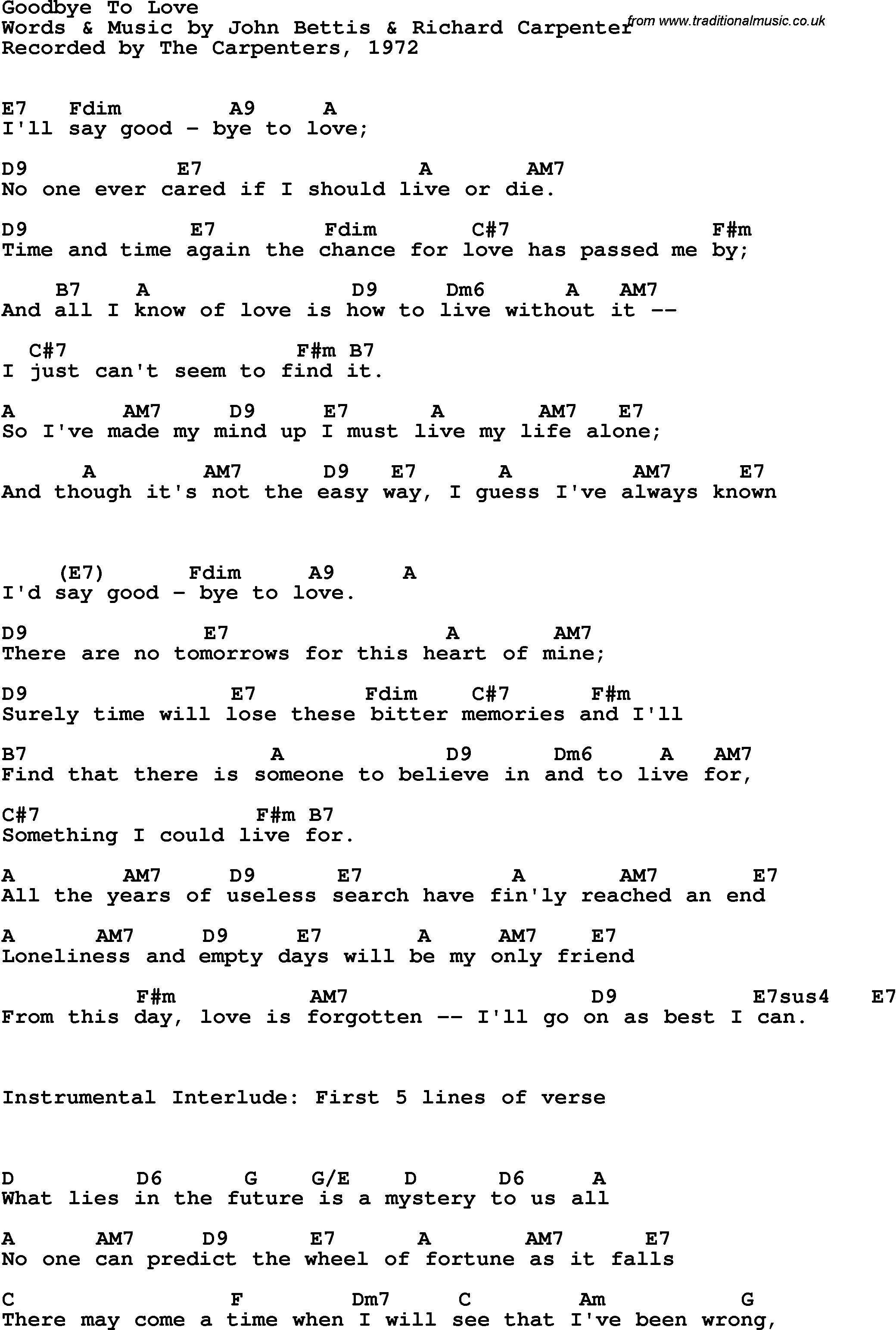 Song Lyrics with guitar chords for Goodbye To Love - The Carpenters, 1972
