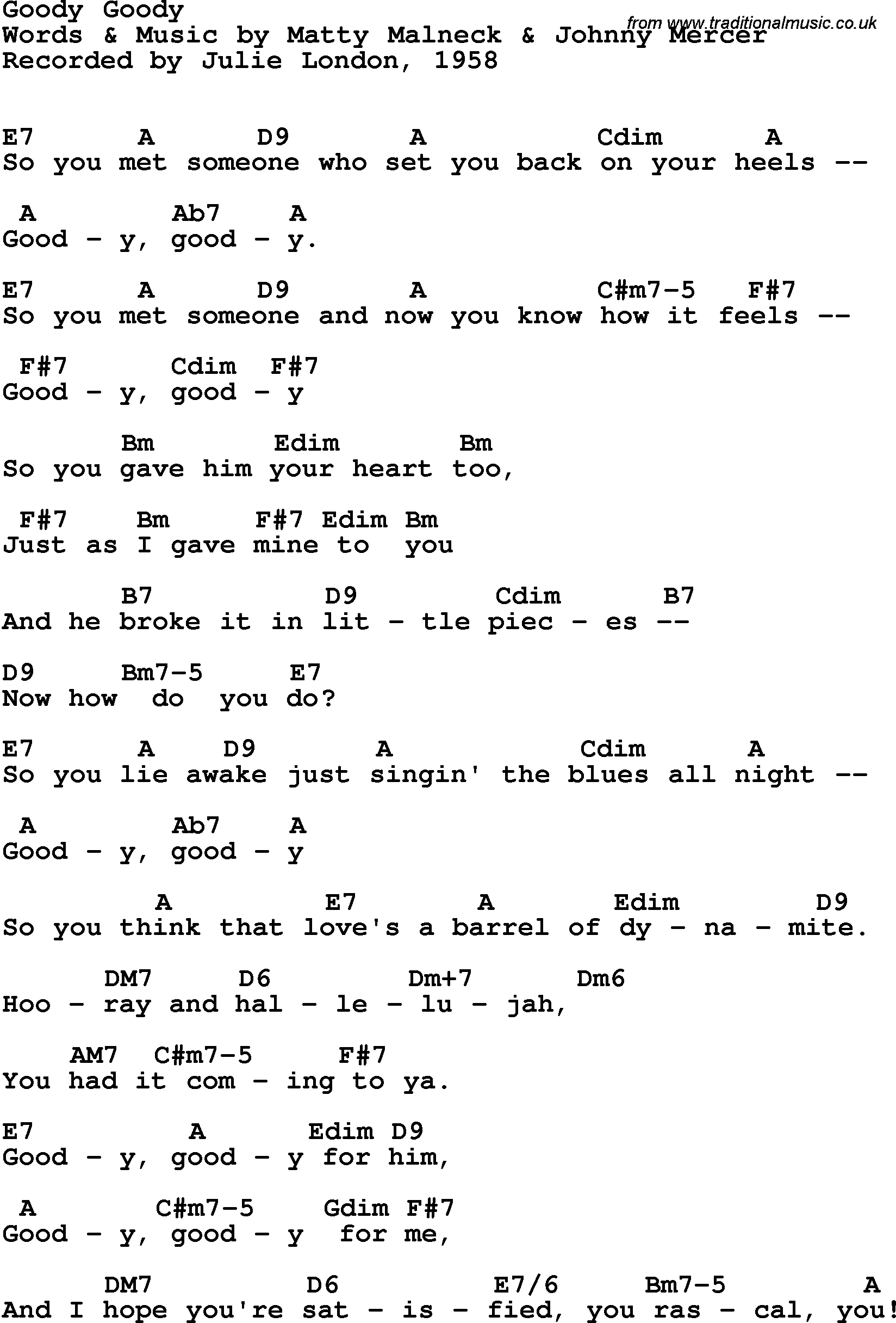 Song Lyrics with guitar chords for Goody Goody - Julie London, 1958