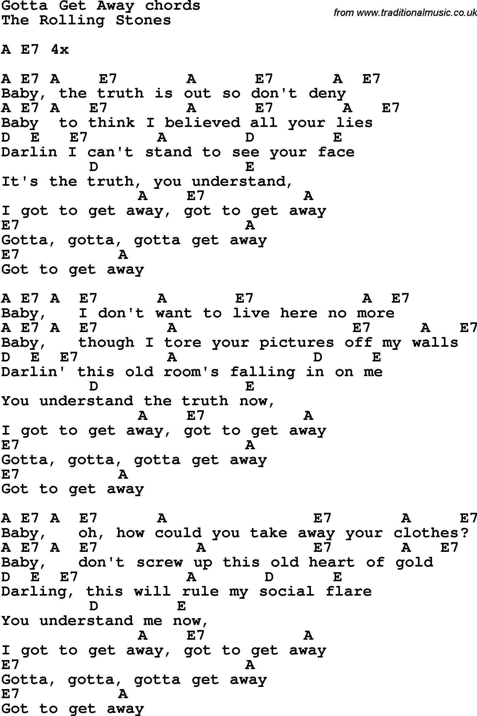 Song Lyrics with guitar chords for Gotta Get Away