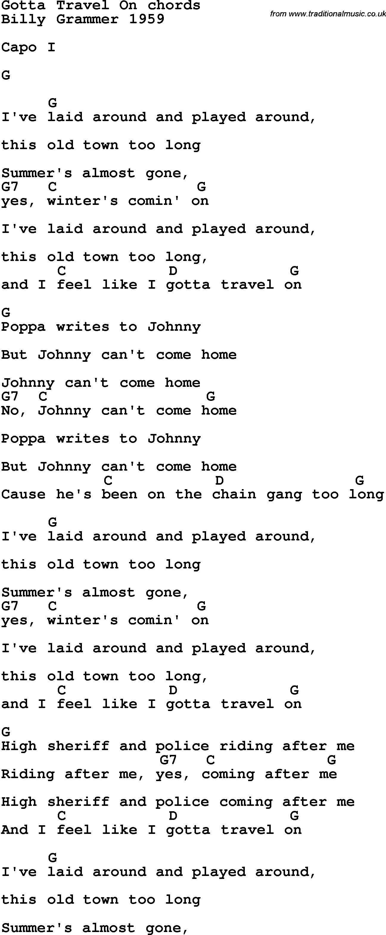 Song Lyrics with guitar chords for Gotta Travel On