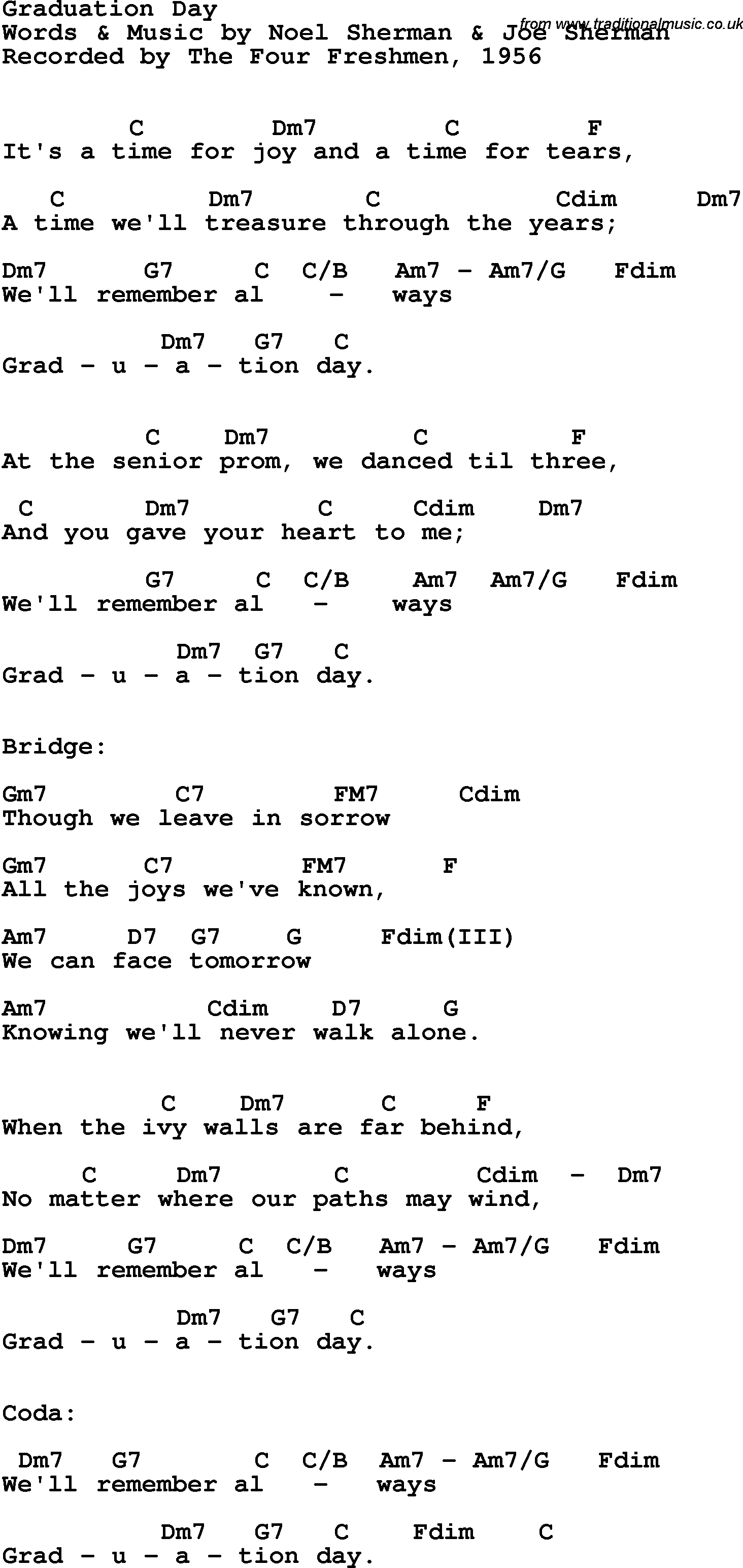 Song Lyrics with guitar chords for Graduation Day - The Four Freshmen, 1956