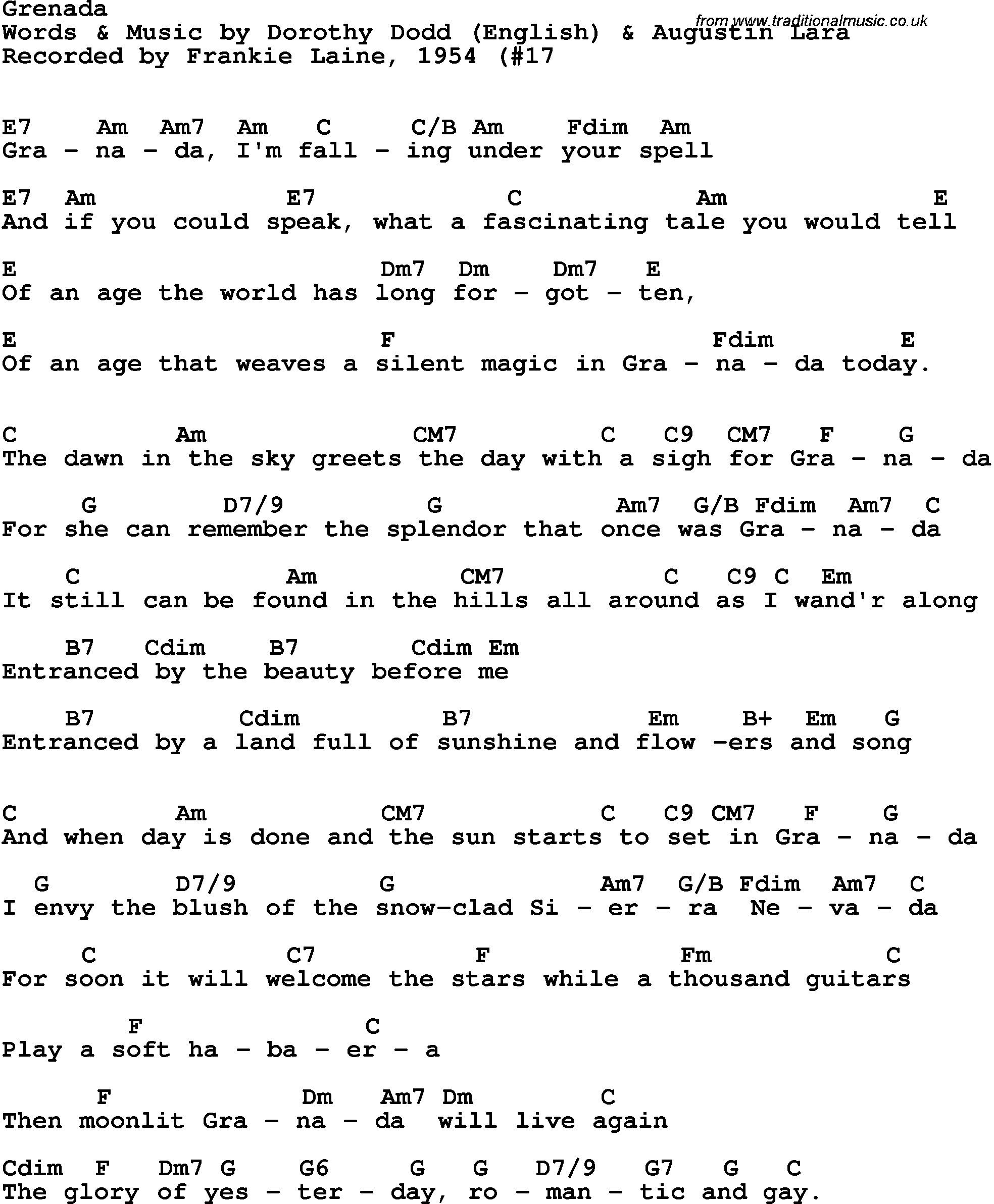 Song Lyrics with guitar chords for Granada - Frankie Laine, 1954