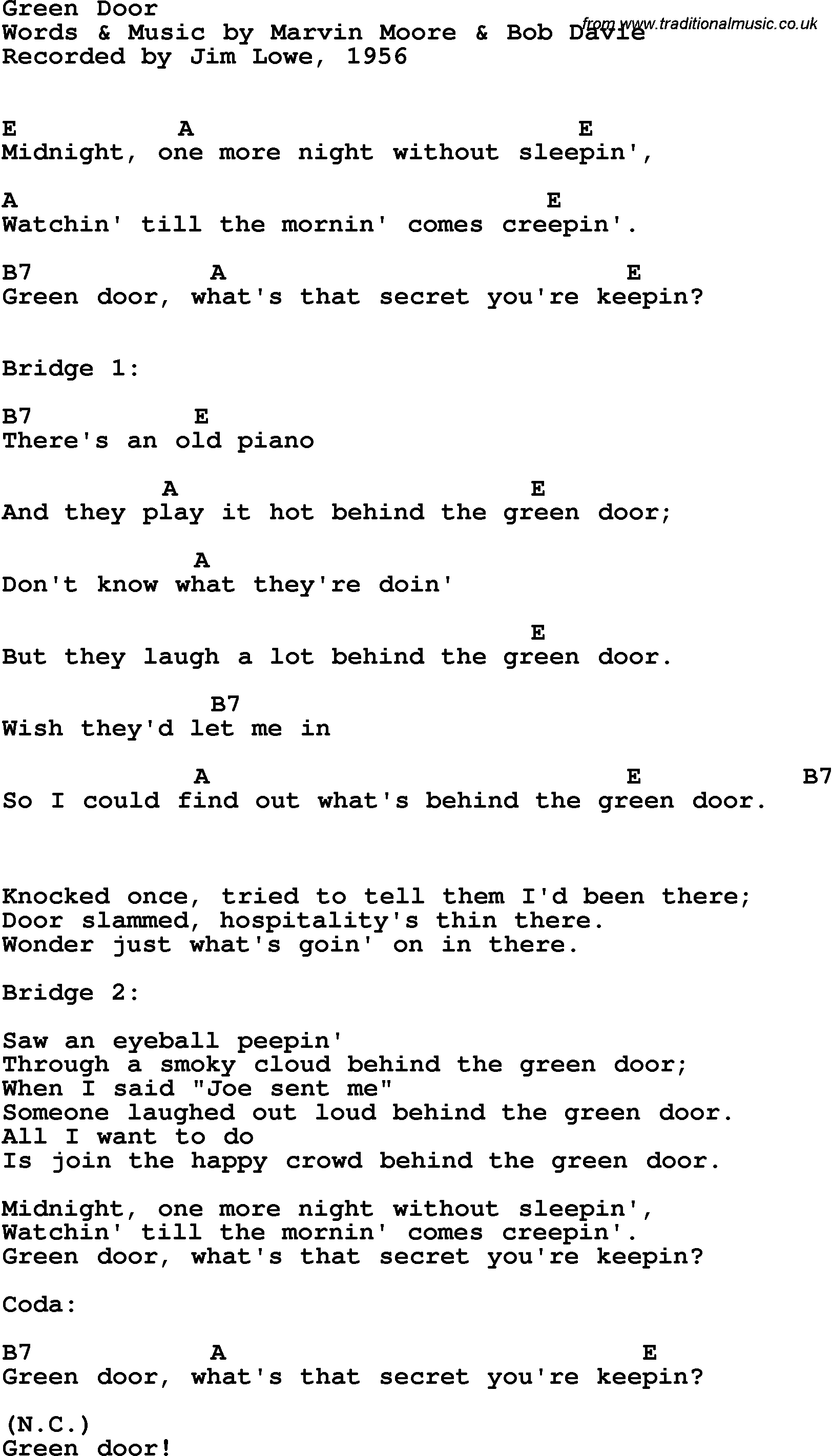 Song Lyrics with guitar chords for Green Door - Jim Lowe, 1956