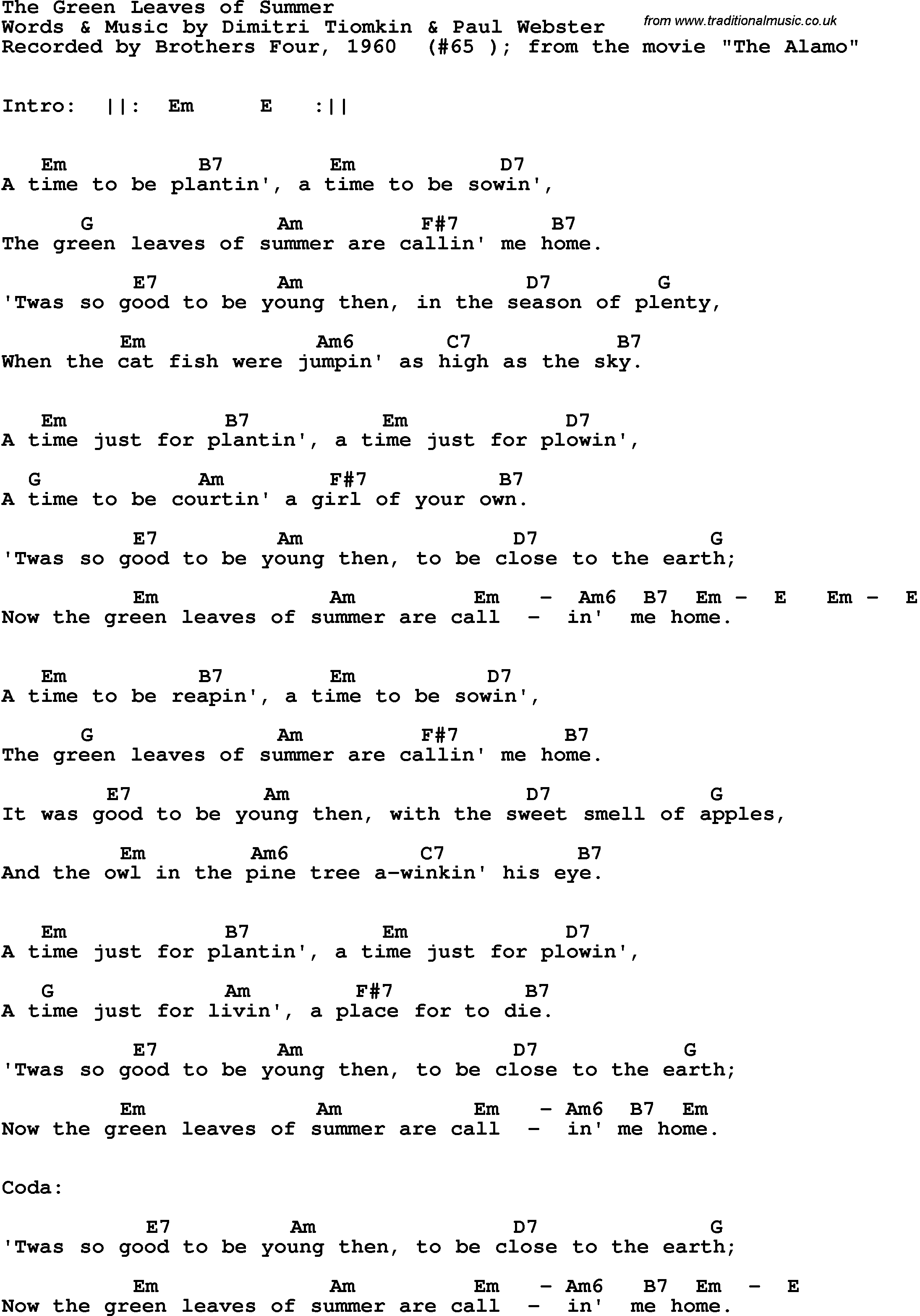 Song Lyrics with guitar chords for Green Leaves Of Summer, The - The Brothers Four, 1960