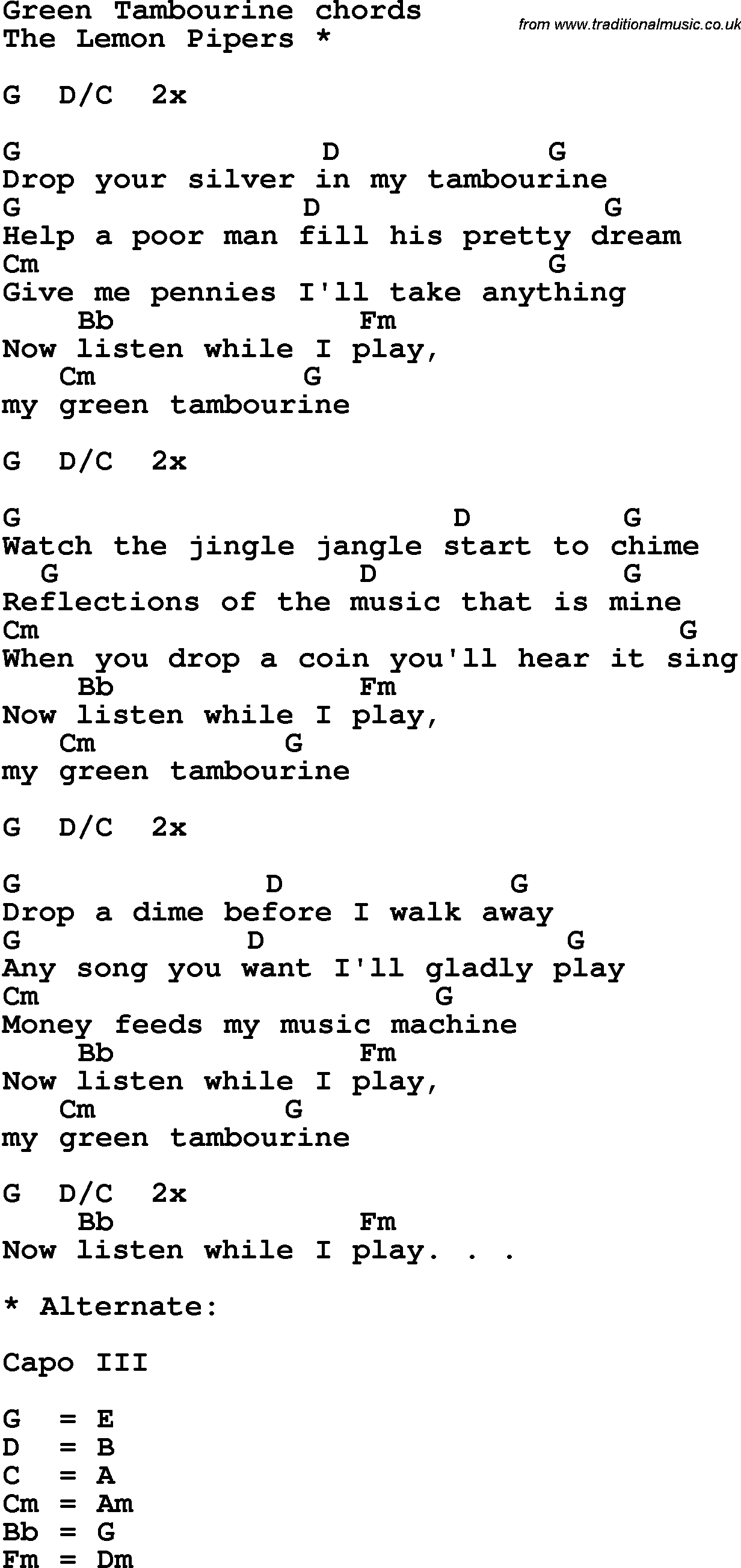 Song Lyrics with guitar chords for Green Tambourine
