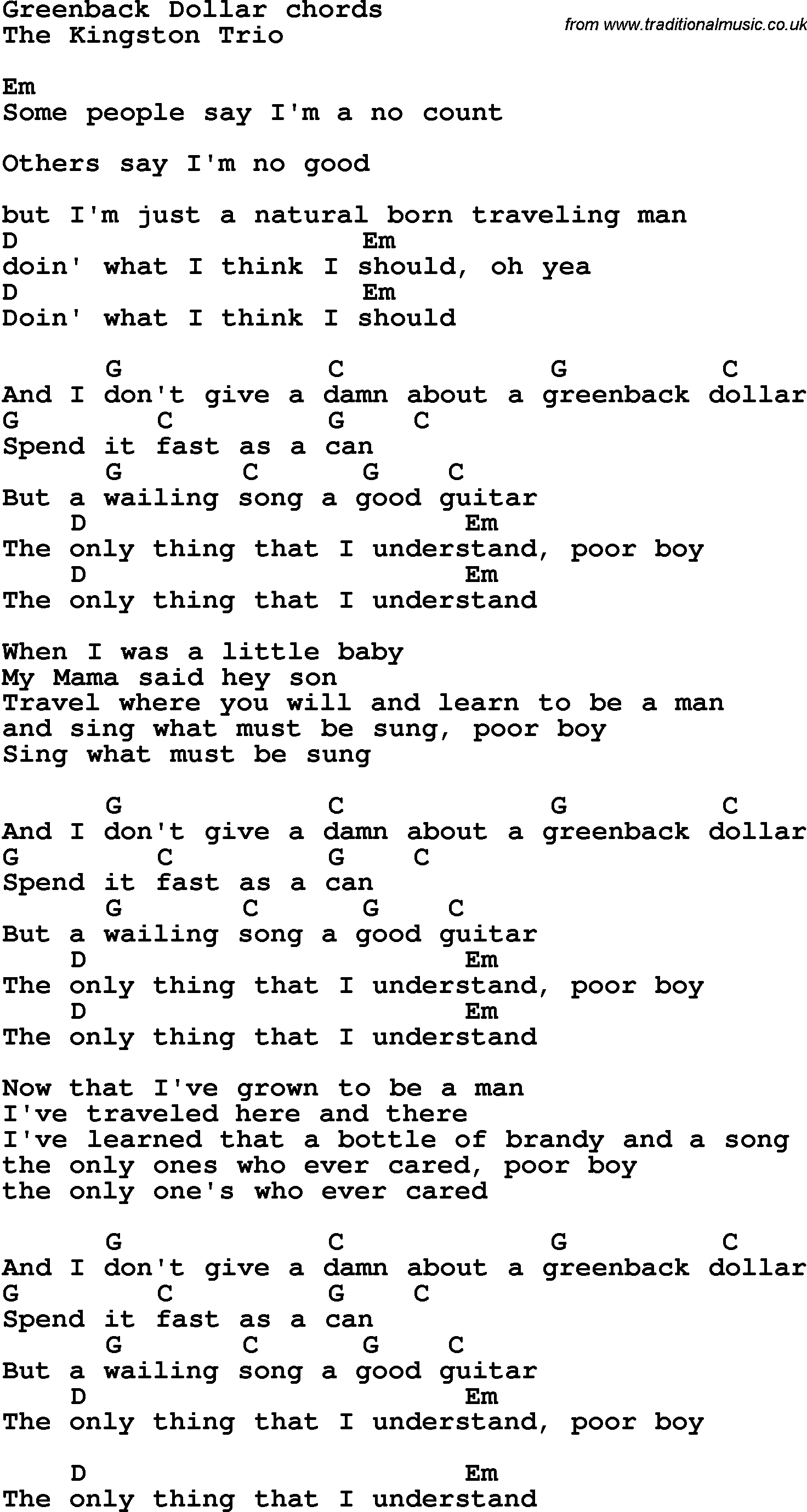 Song Lyrics with guitar chords for Greenback Dollar
