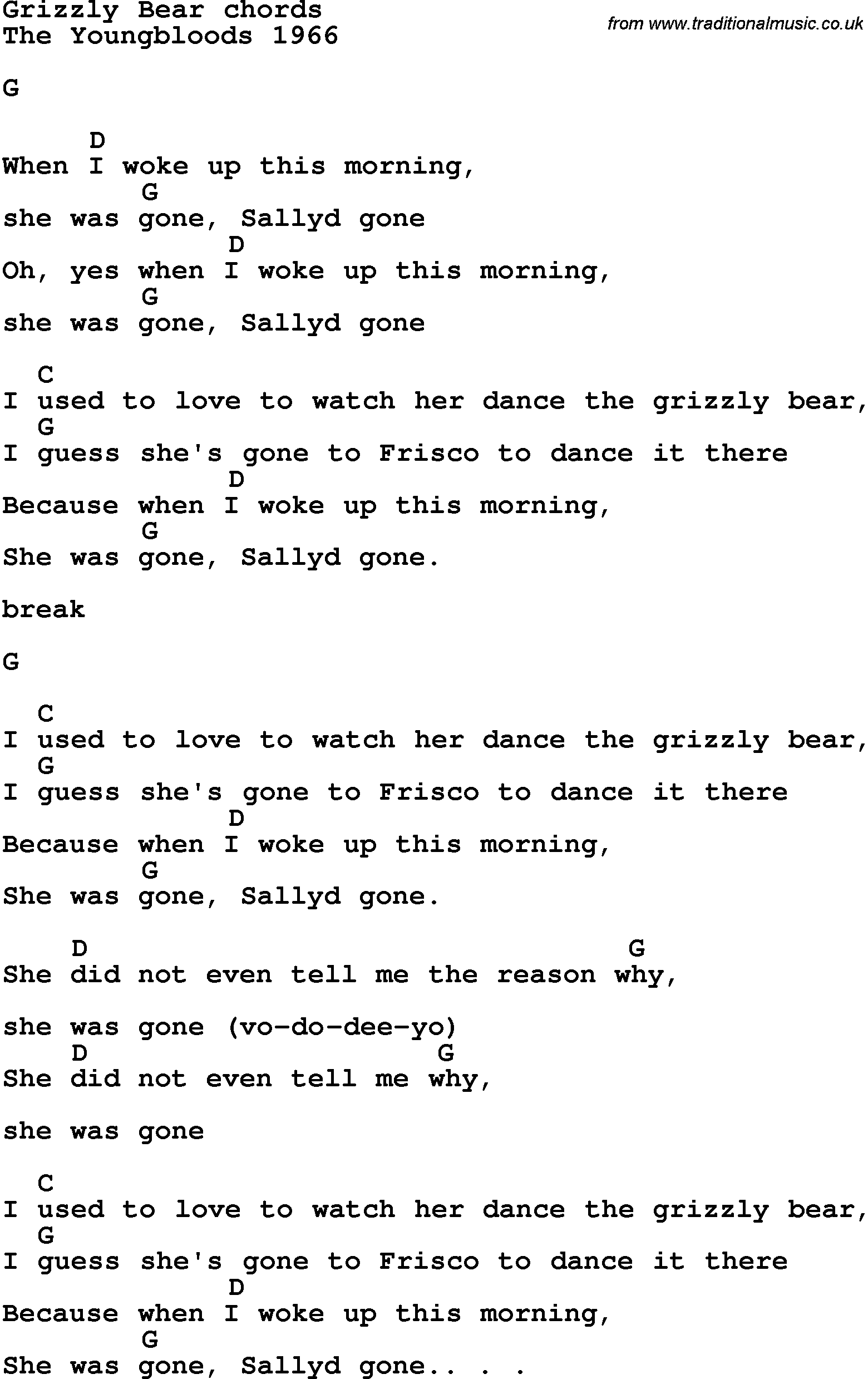 Song Lyrics with guitar chords for Grizzly Bear