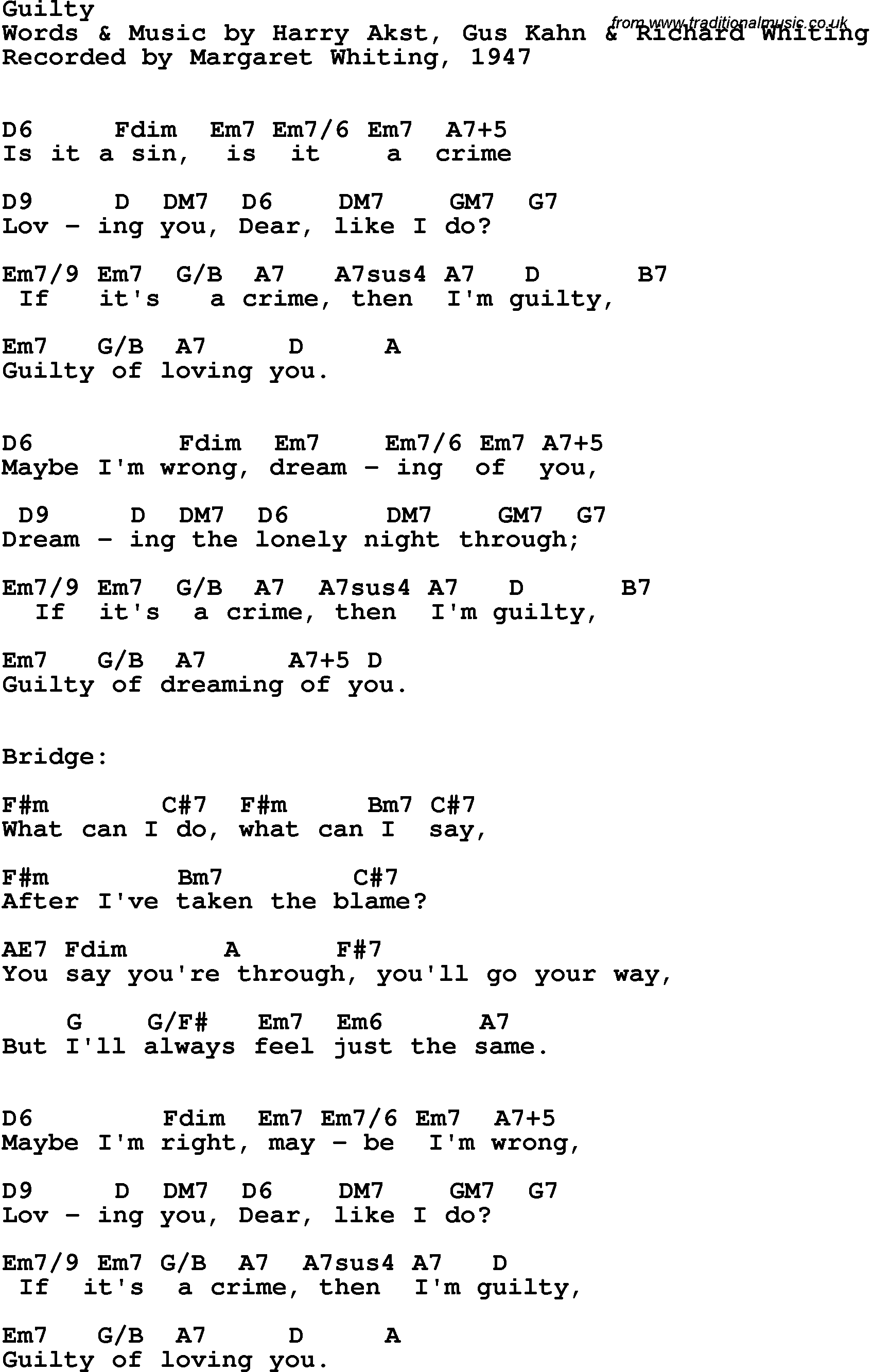 Song Lyrics with guitar chords for Guilty - Margaret Whiting, 1947