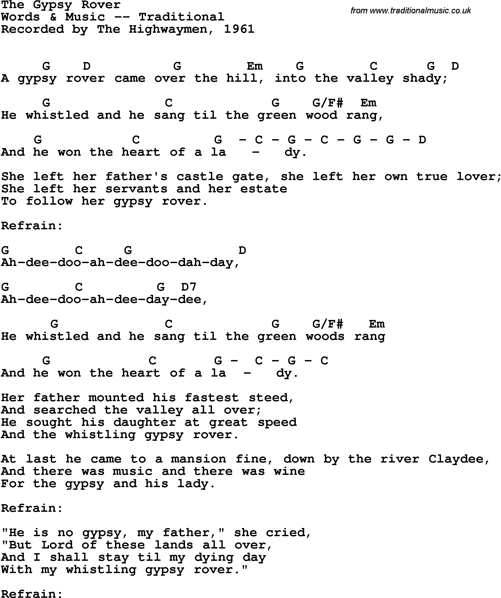 Song Lyrics with guitar chords for Gypsy Rover, The - The Highwaymen, 1961