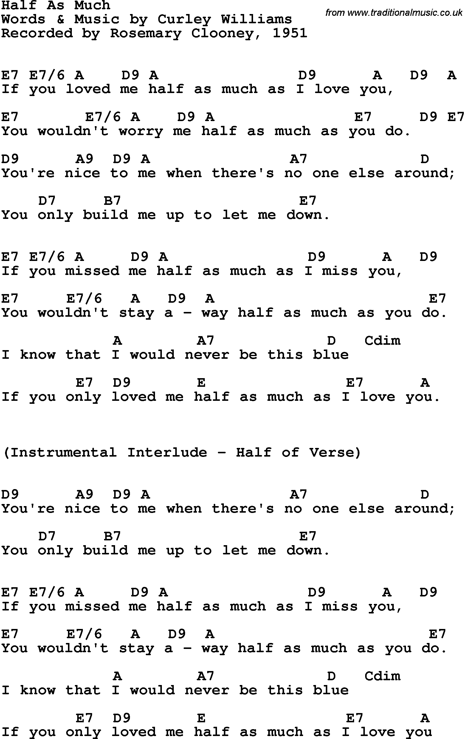 Song Lyrics with guitar chords for Half As Much - Rosemary Clooney, 1951