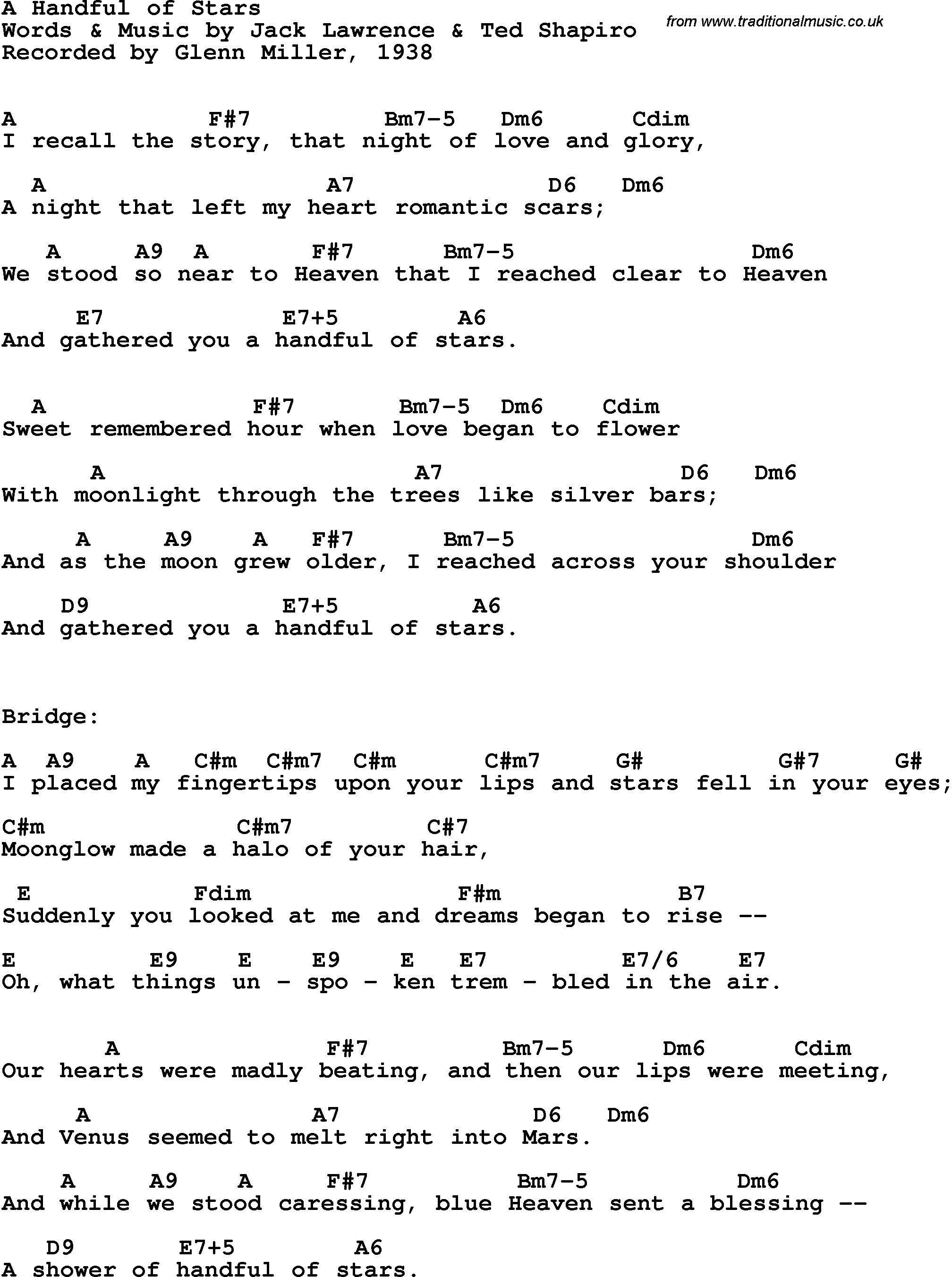 Song Lyrics with guitar chords for Handful Of Stars, A - Glenn Miller, 1938