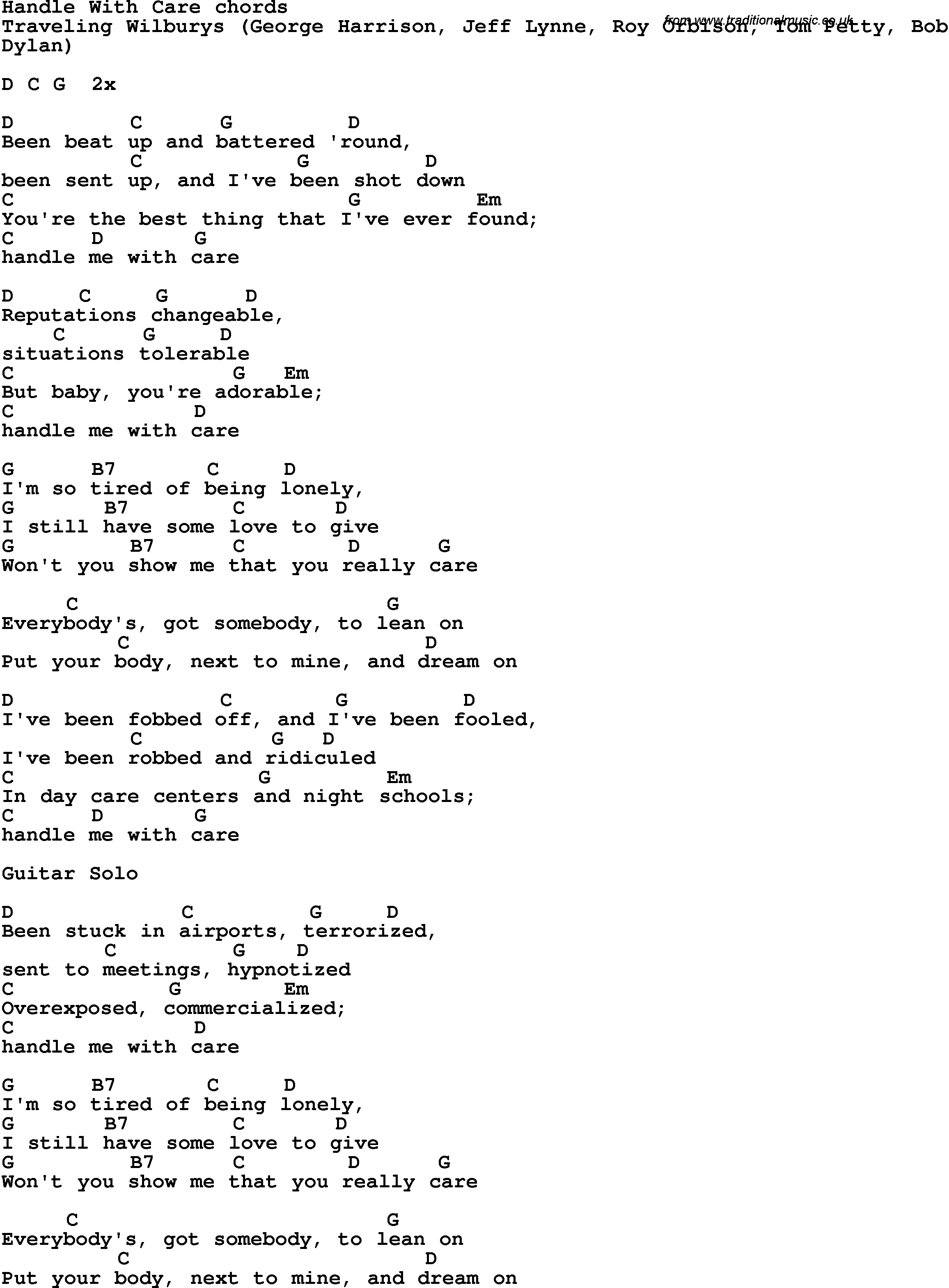 Song Lyrics with guitar chords for Handle With Care