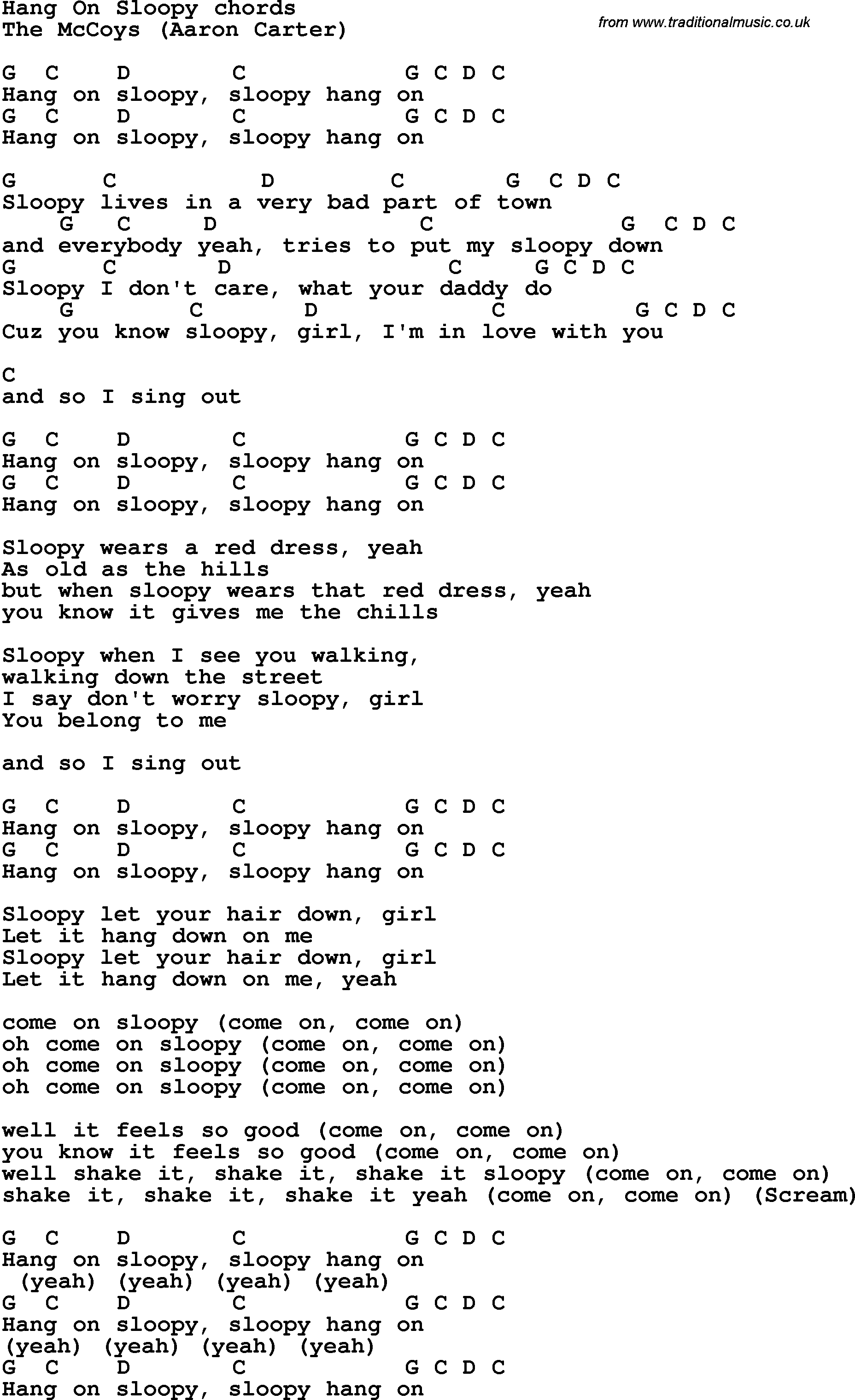 Song Lyrics with guitar chords for Hang On Sloopy