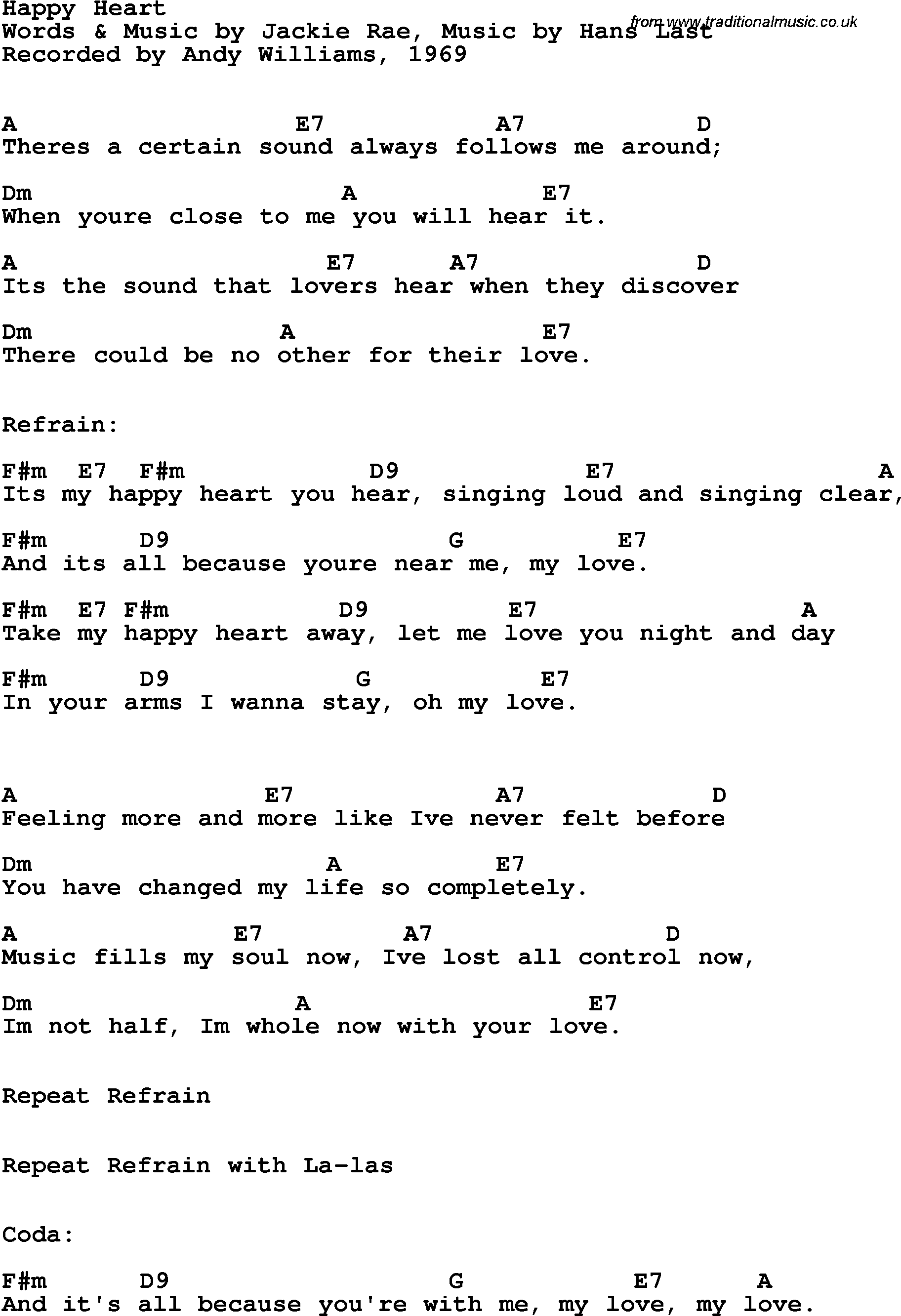 Song Lyrics with guitar chords for Happy Heart - Andy Williams, 1969