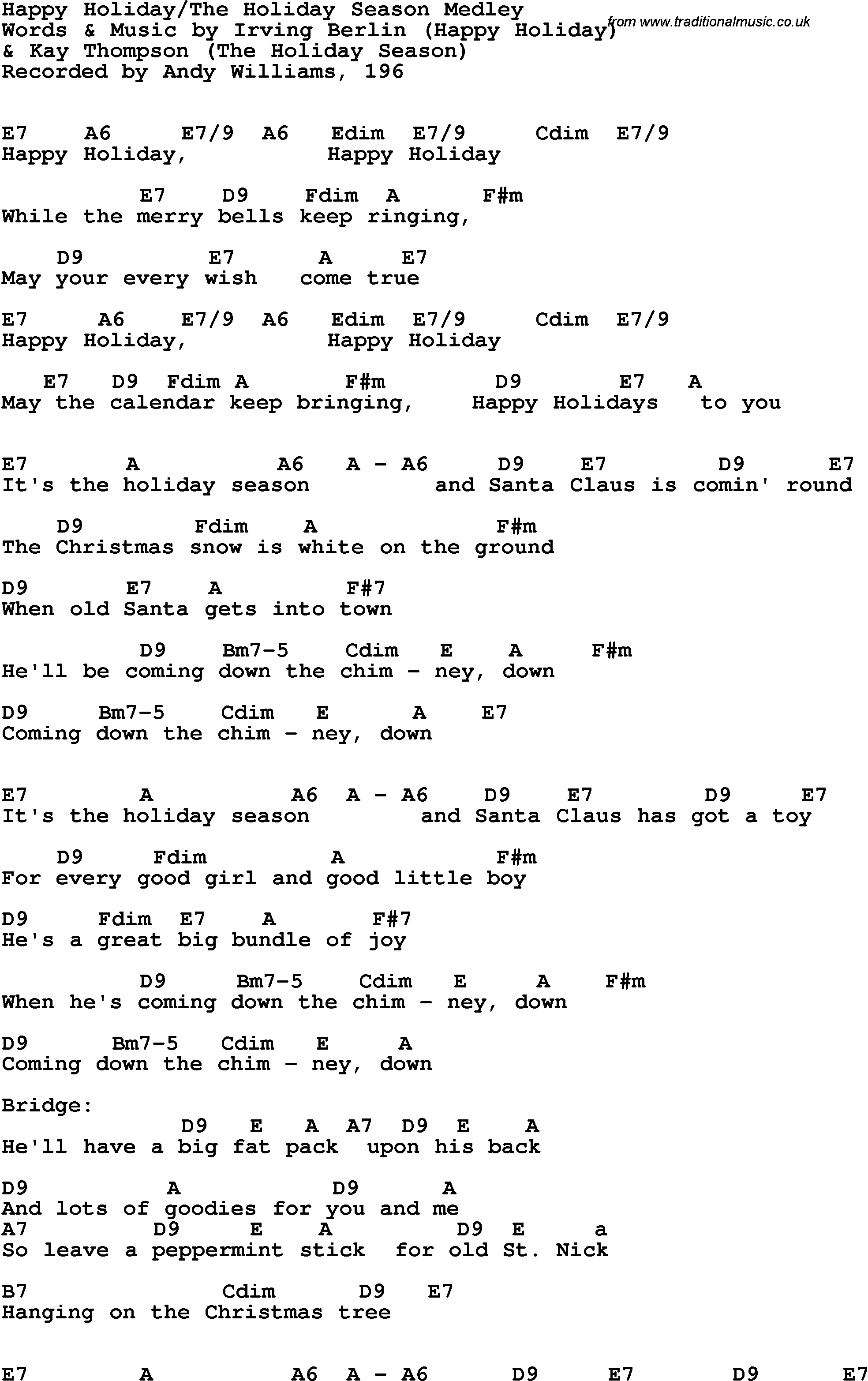 Song Lyrics with guitar chords for Happy Holiday - Irving Berlin