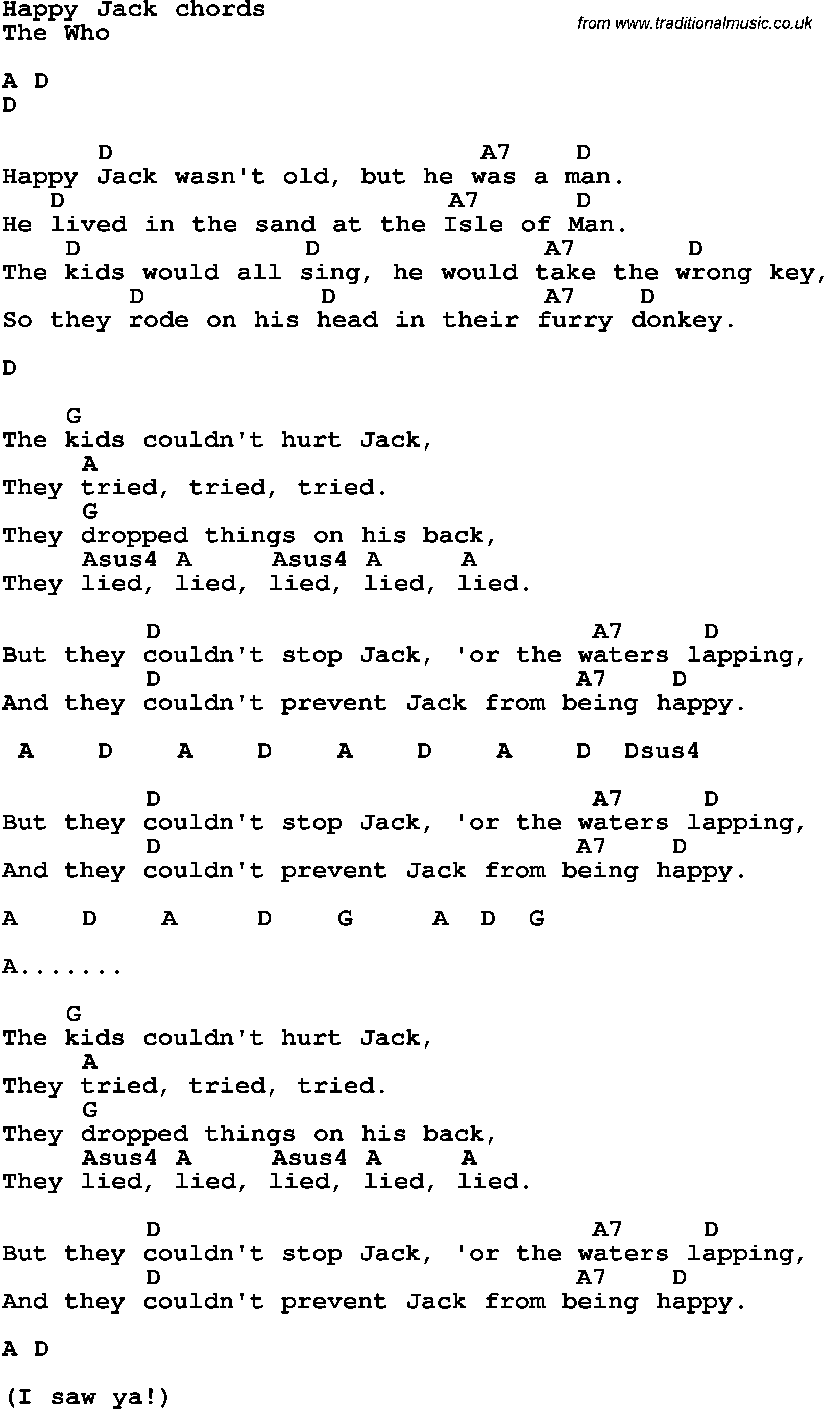 Song Lyrics with guitar chords for Happy Jack