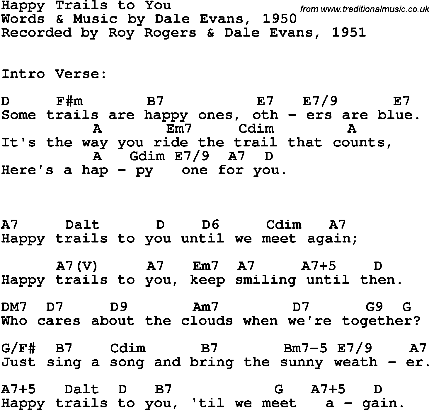 Song Lyrics with guitar chords for Happy Trails To You - Roy Rogers & Dale Evants, 1951