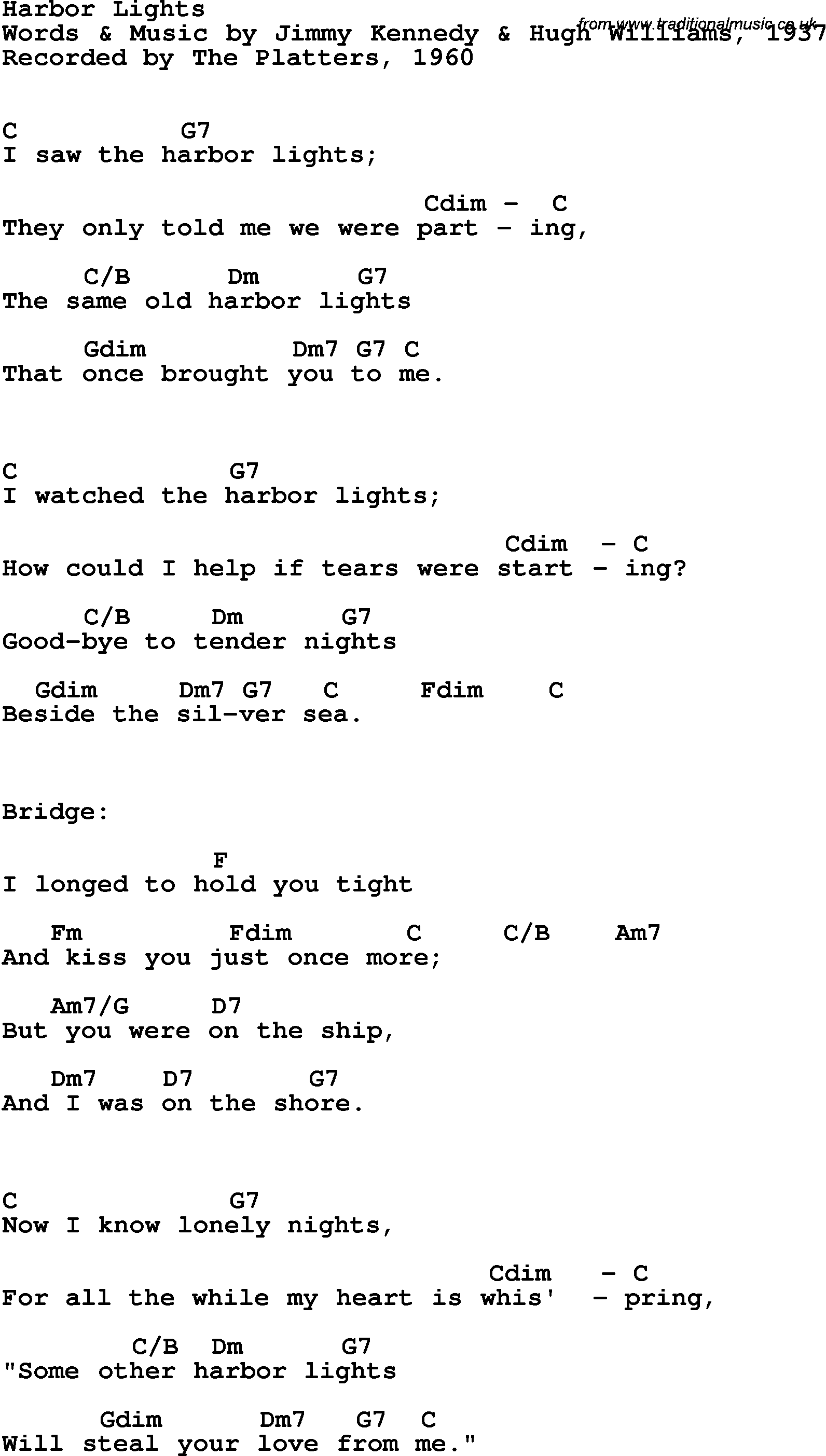 Song Lyrics with guitar chords for Harbor Lights - The Platters, 1960