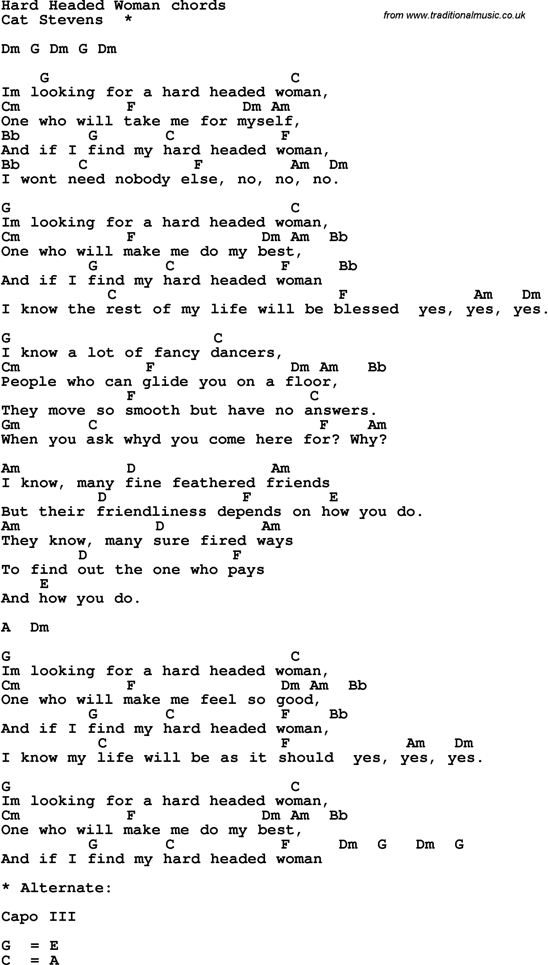 Song Lyrics with guitar chords for Hard Headed Woman