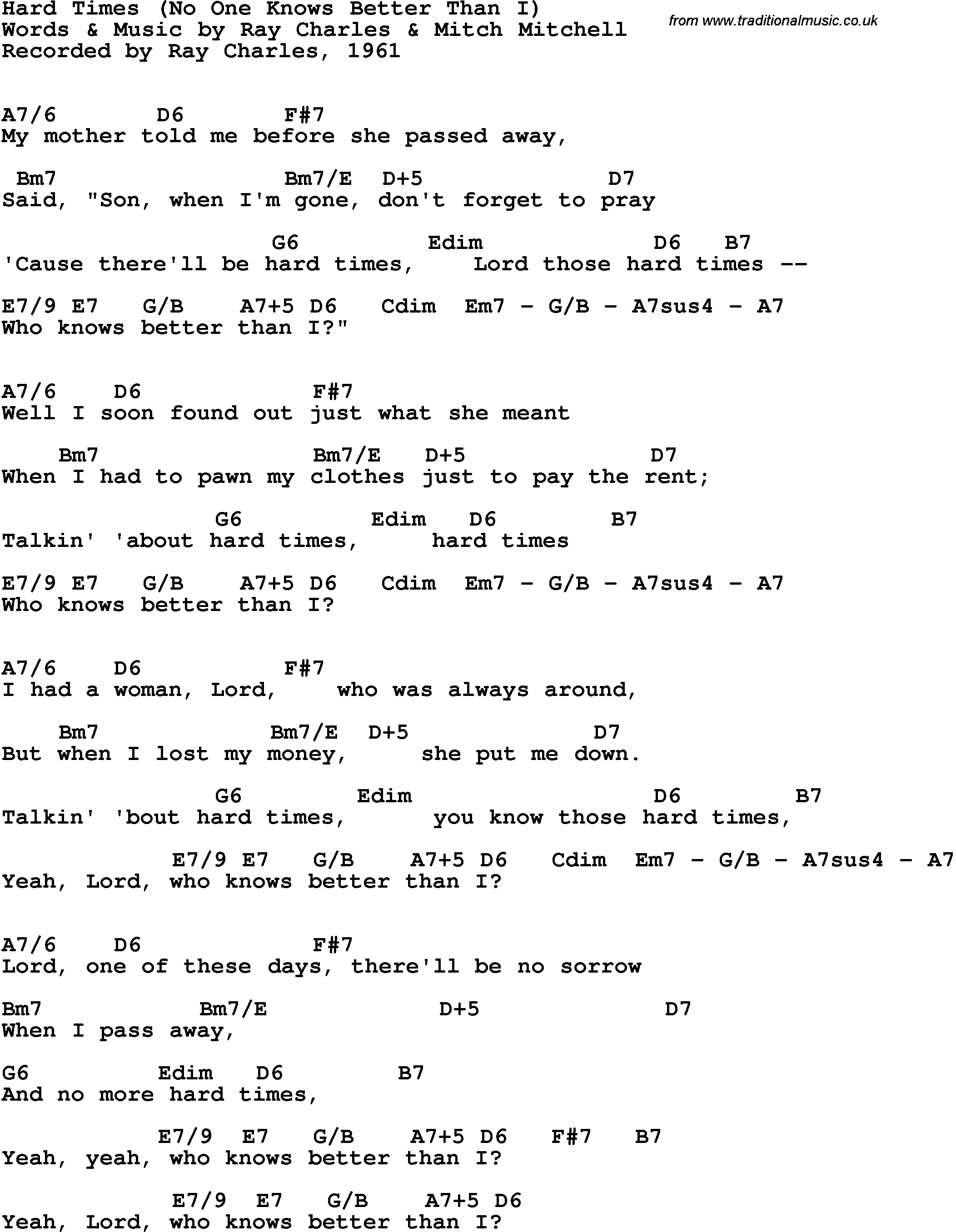 Song Lyrics with guitar chords for Hard Times (No One Knows Better Than I) - Ray Charles, 1961