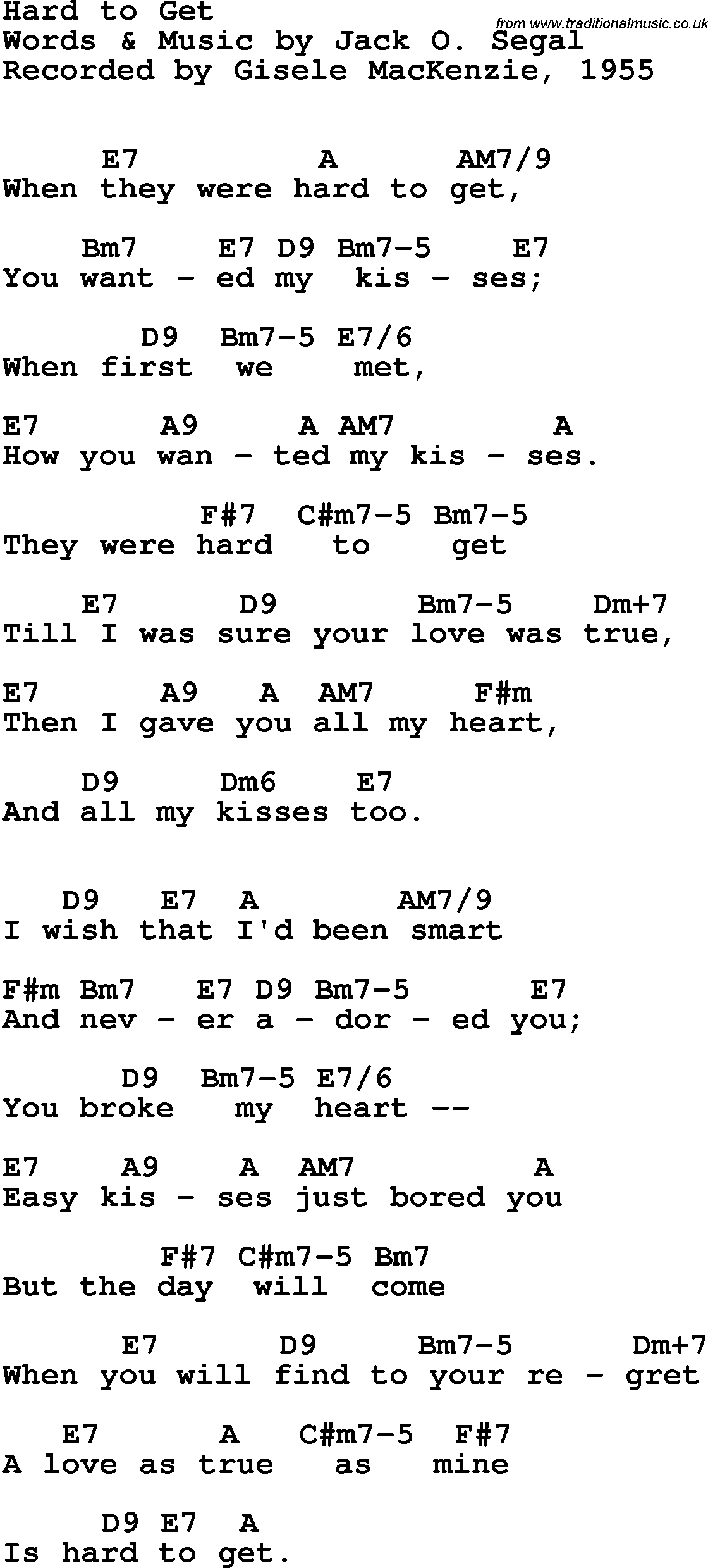 Song Lyrics with guitar chords for Hard To Get - Giselle Mckenzie, 1955