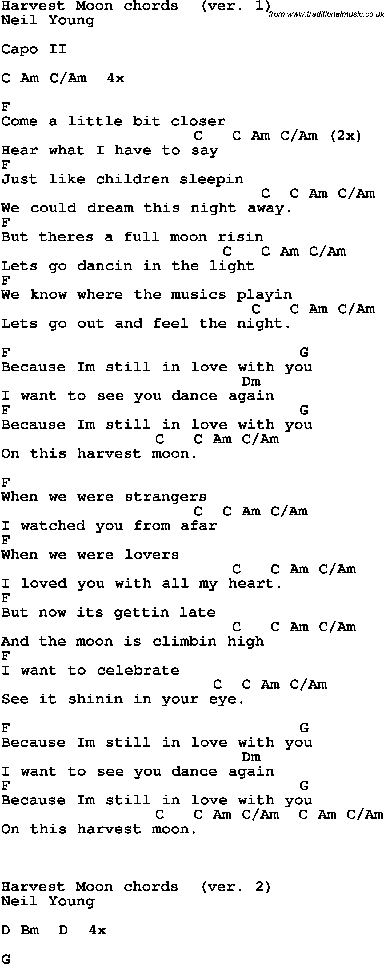 Song Lyrics with guitar chords for Harvest Moon