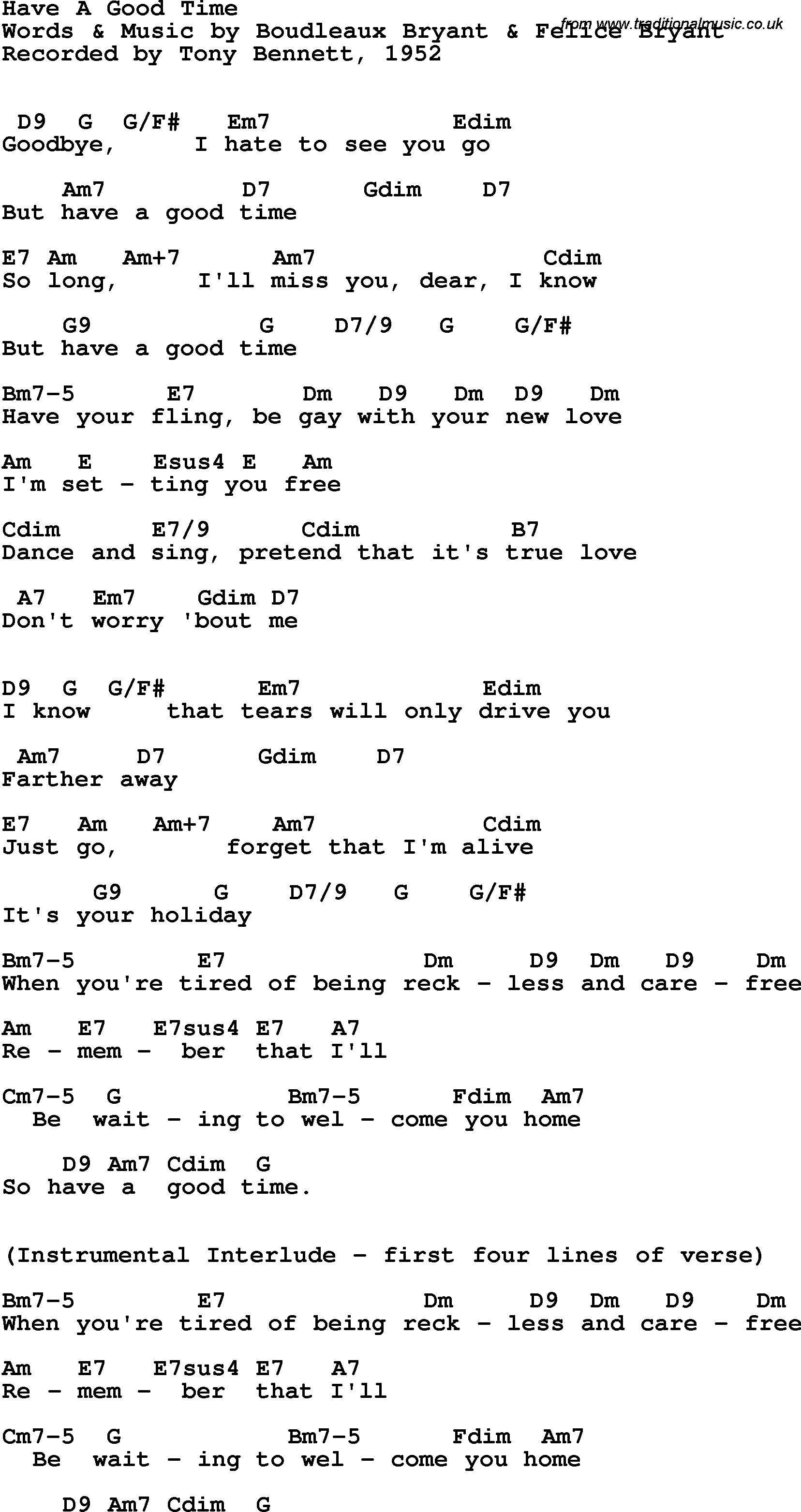 Song Lyrics with guitar chords for Have A Good Time - Tony Bennett, 1952