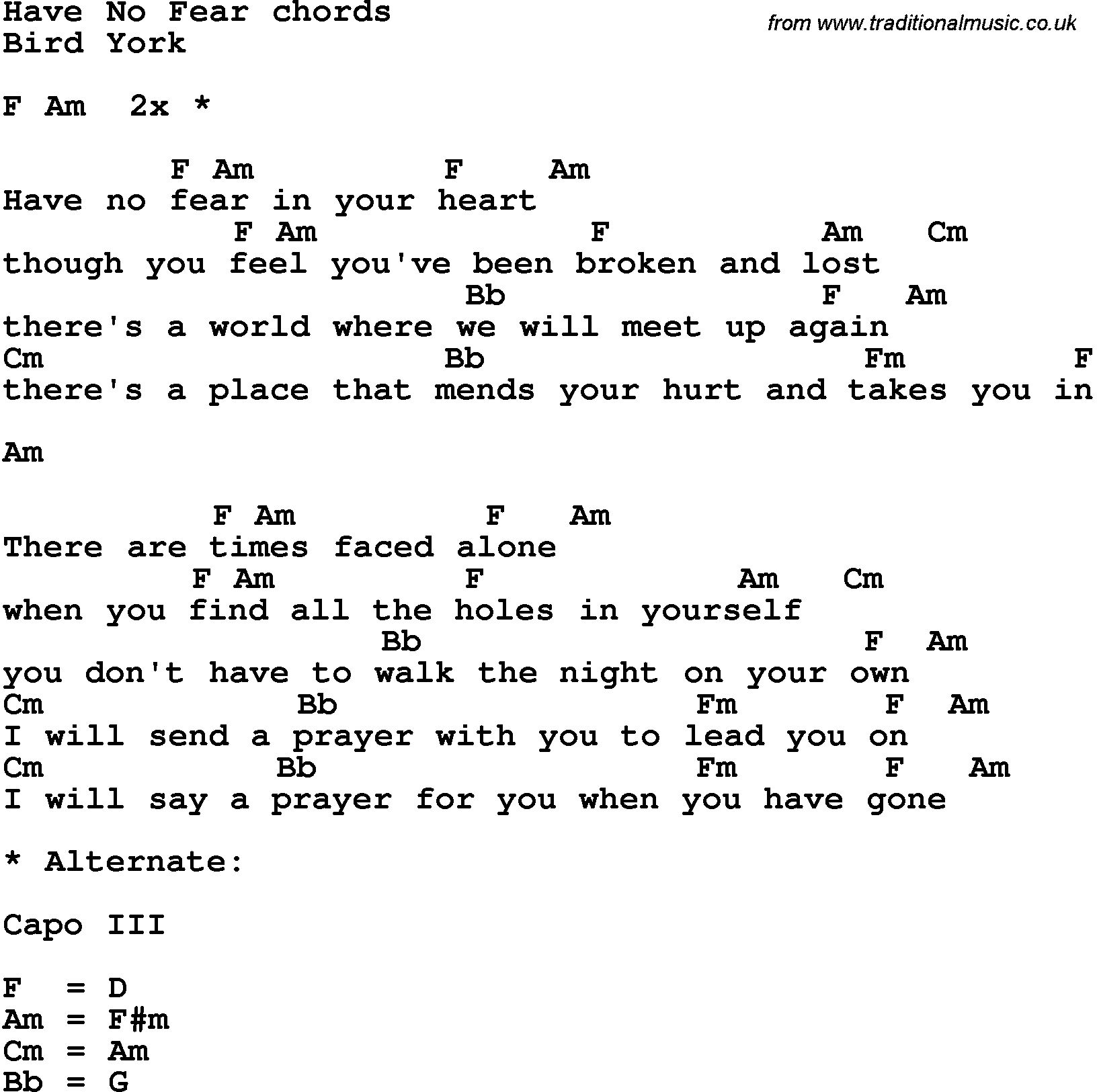Song Lyrics with guitar chords for Have No Fear