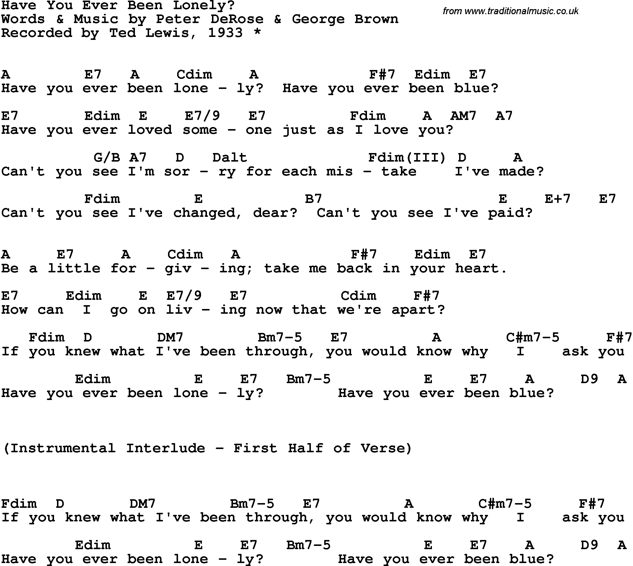 Song Lyrics with guitar chords for Have You Ever Been Lonely - Ted Lewis, 1933