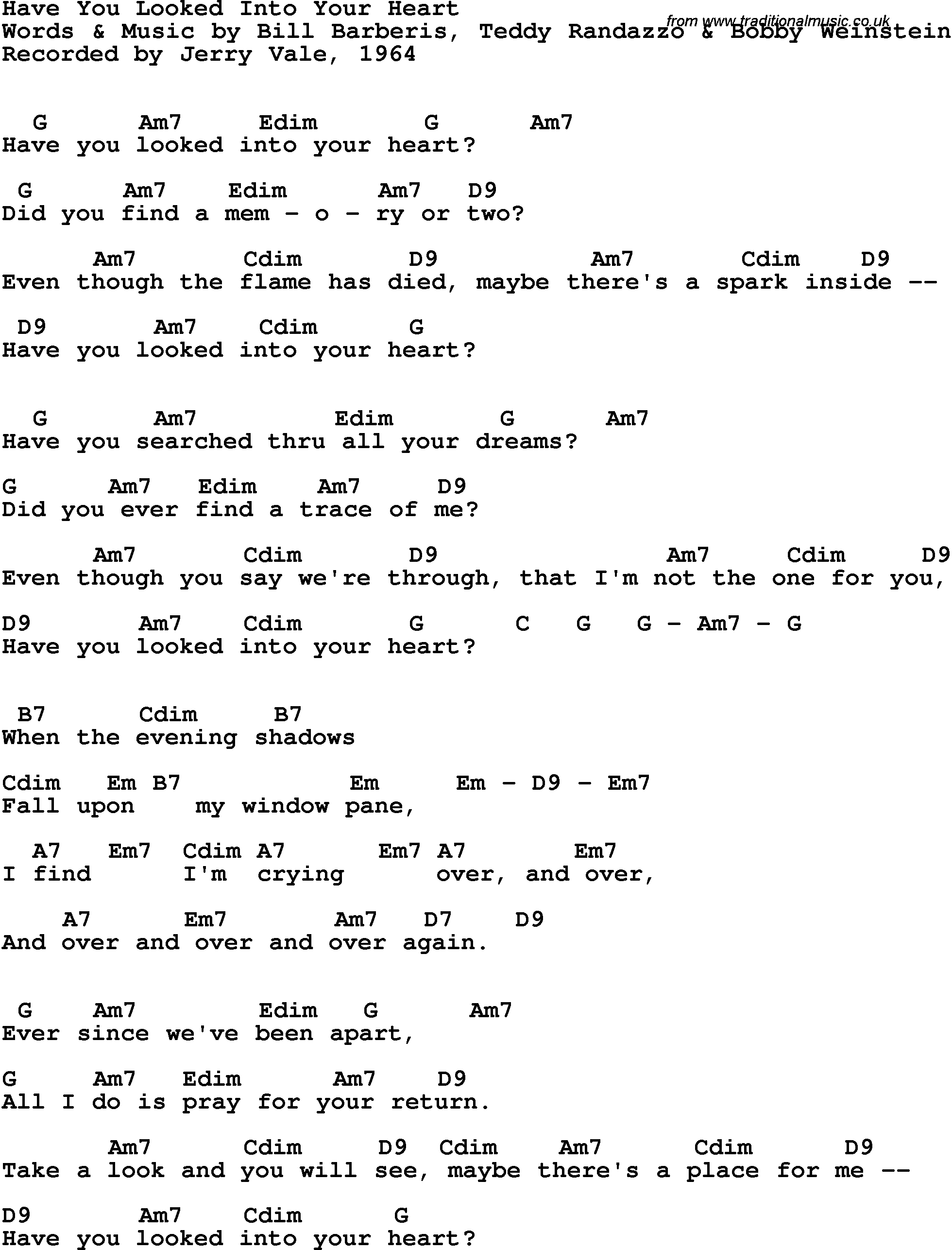 Song Lyrics with guitar chords for Have You Looked Into Your Heart - Jerry Vale, 1964