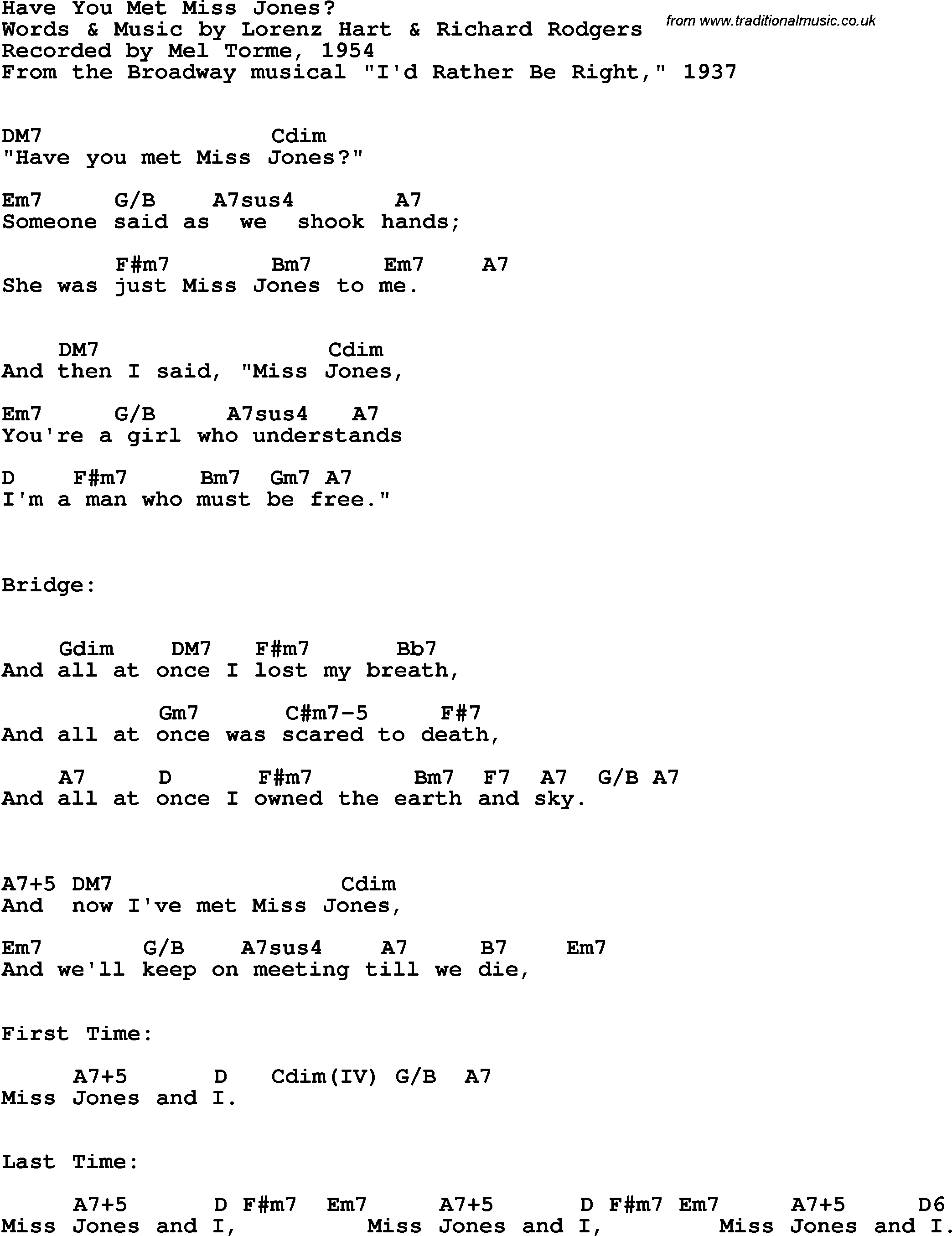 Song Lyrics with guitar chords for Have You Met Miss Jones - Mel Torme, 1954