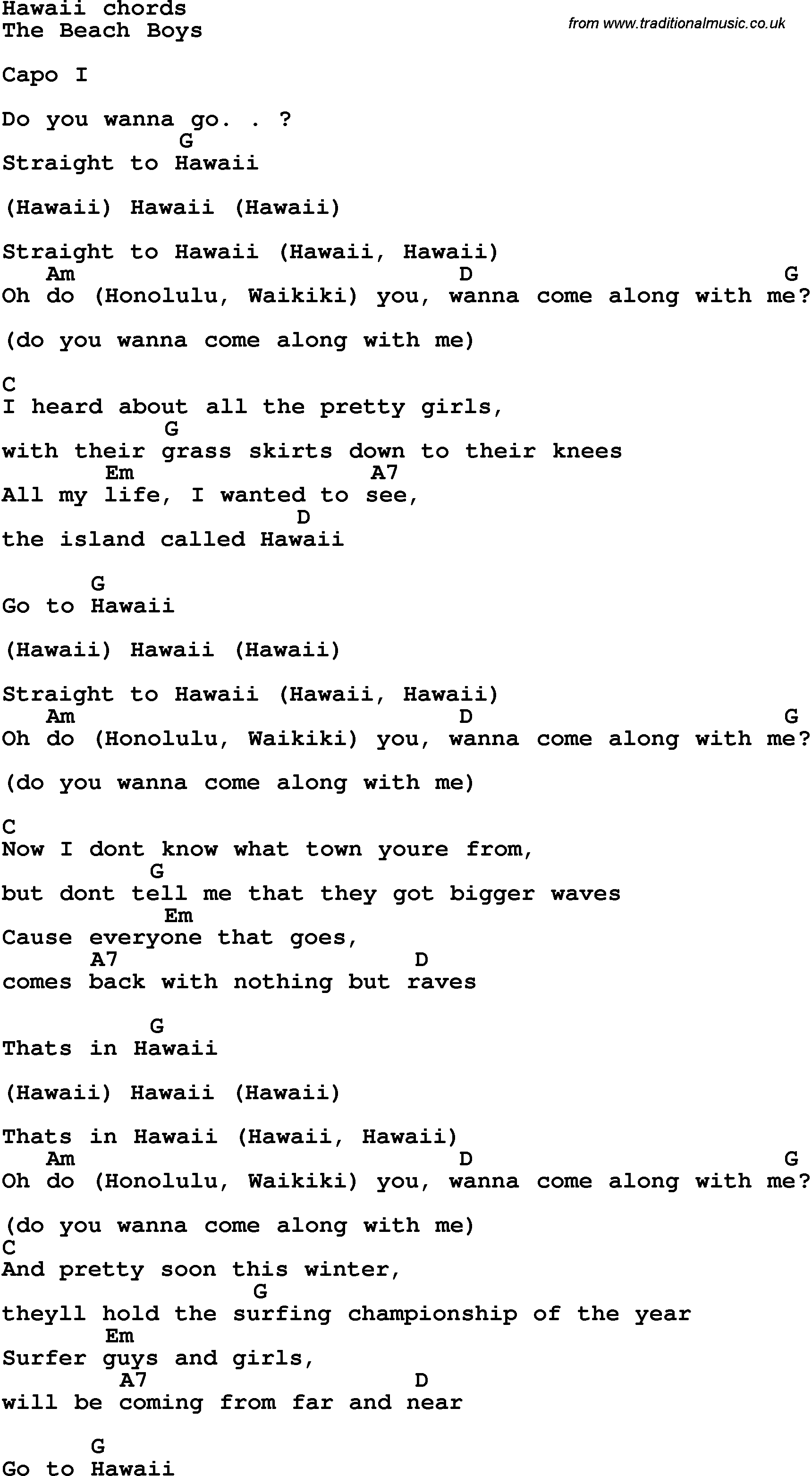 Song Lyrics with guitar chords for Hawaii