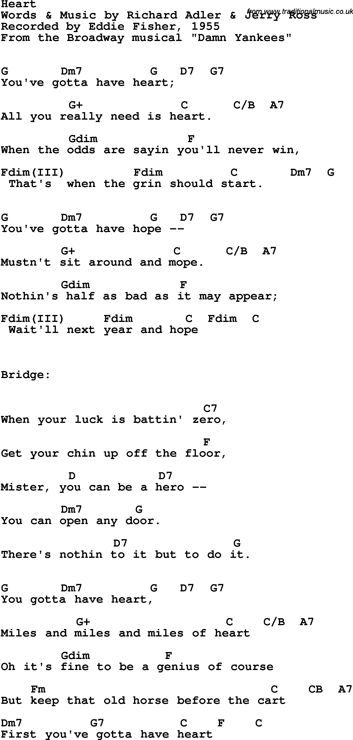 Song Lyrics with guitar chords for Heart - Eddie Fisher, 1955