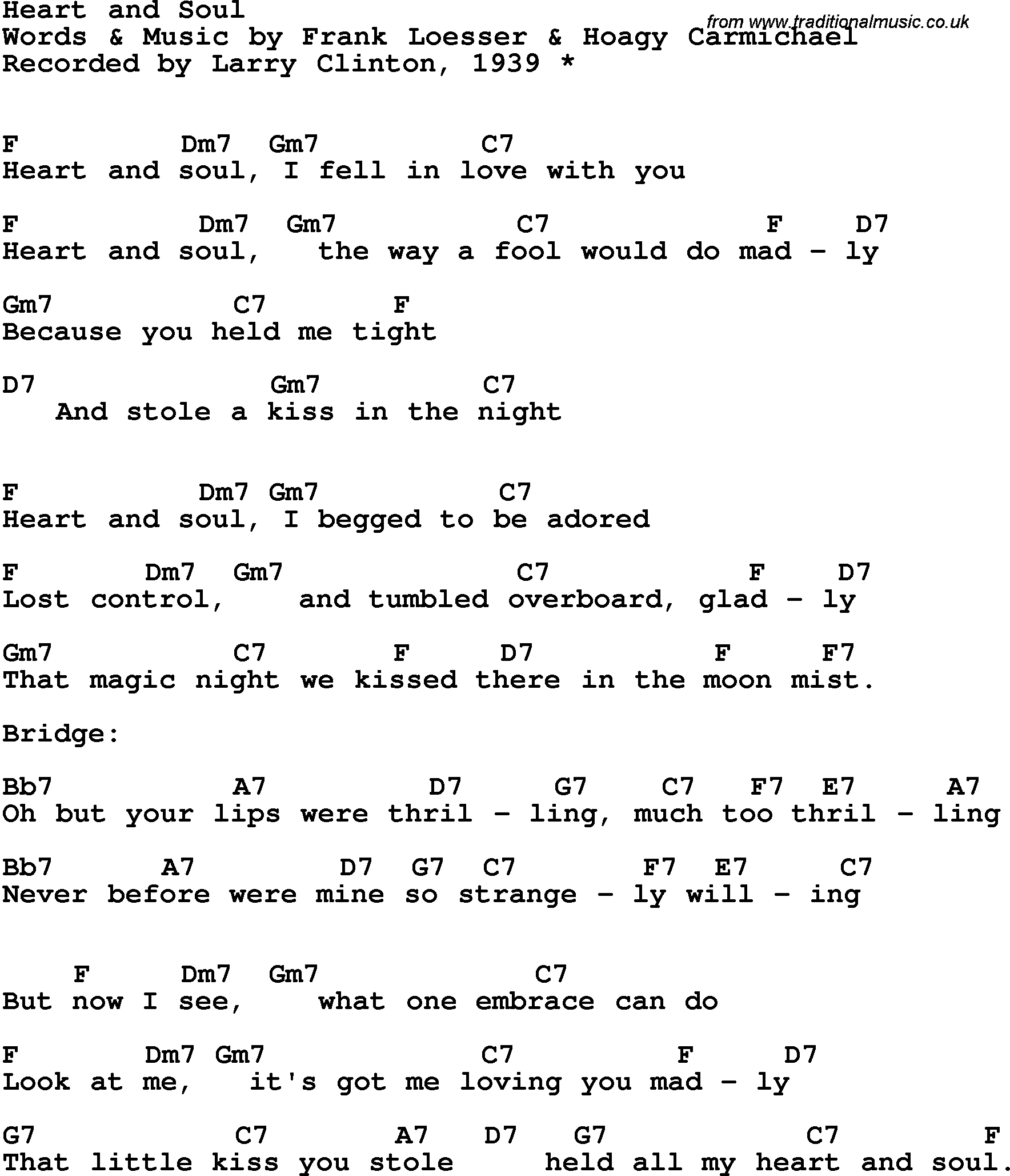 Song Lyrics with guitar chords for Heart And Soul - Larry Clinton, 1939