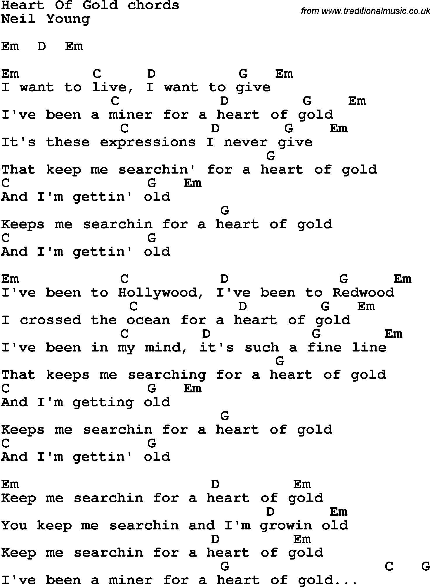 Song Lyrics with guitar chords for Heart Of Gold