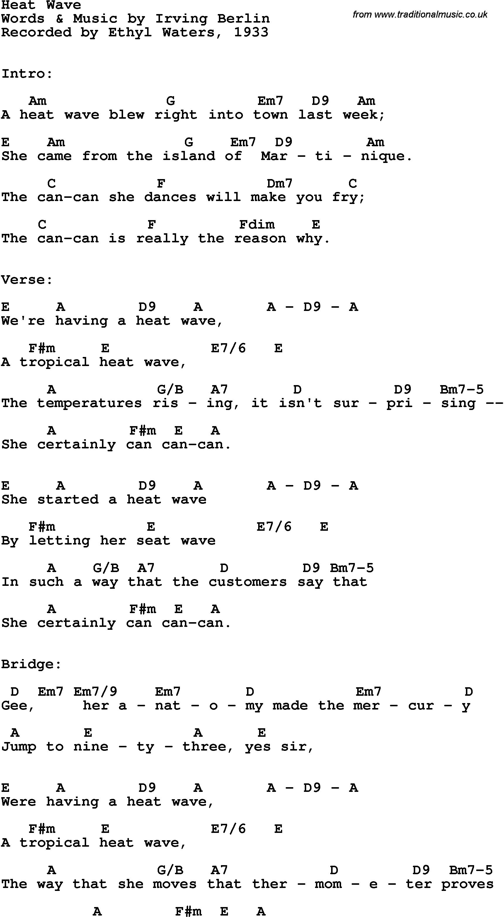 Song Lyrics with guitar chords for Heat Wave - Ethel Waters, 1933