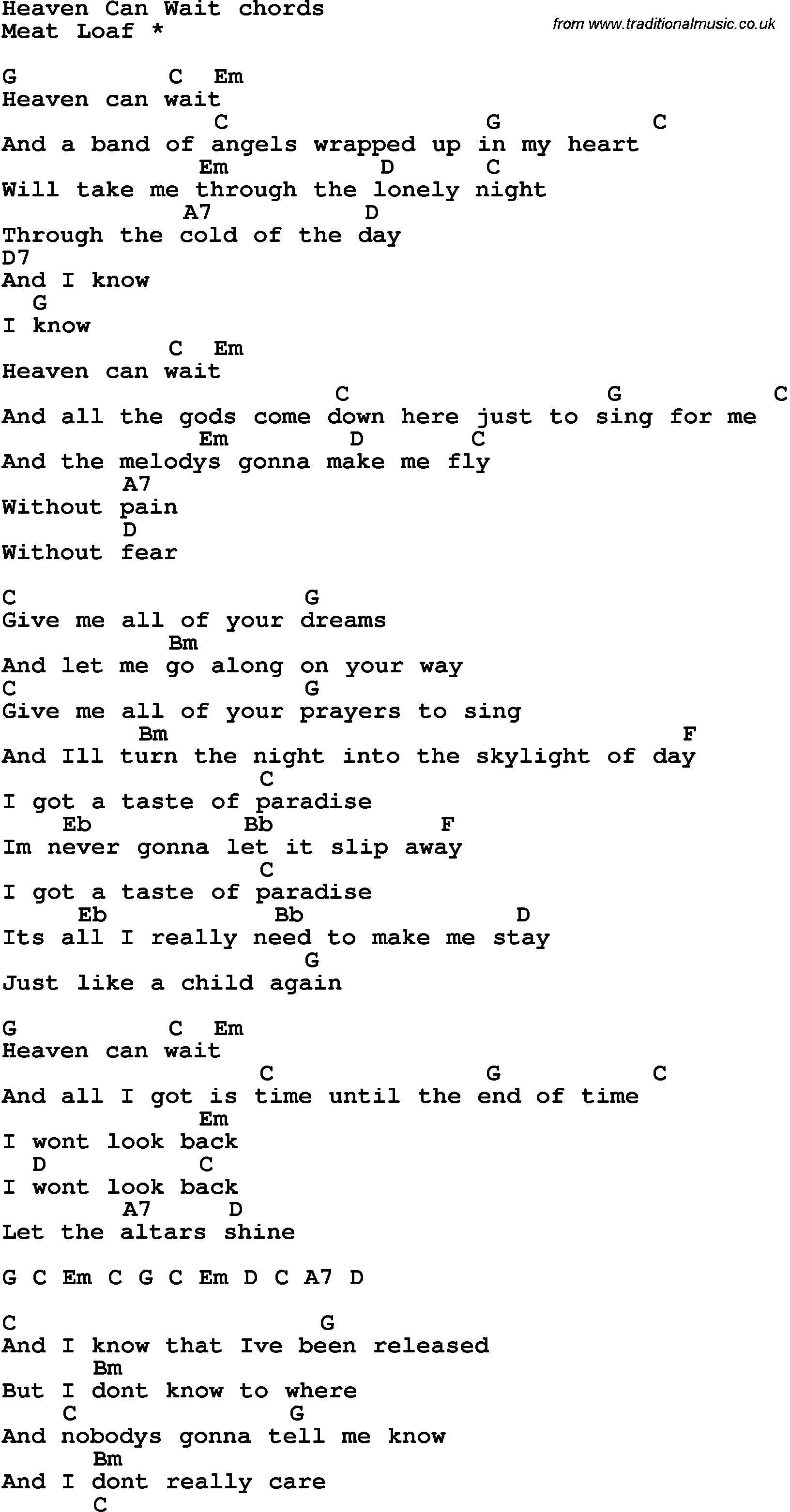 Song Lyrics with guitar chords for Heaven Can Wait